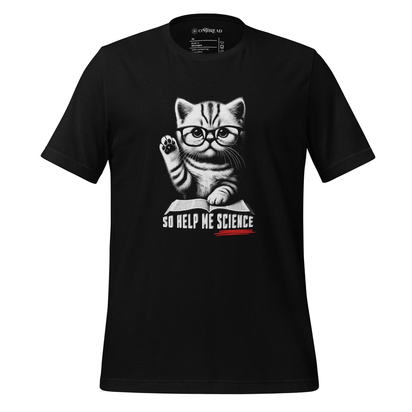 OMTHREAD So Help Me Science black T-shirt featuring a kitten wearing glasses, raising its paw over an open book with the phrase "So Help Me Science" below
