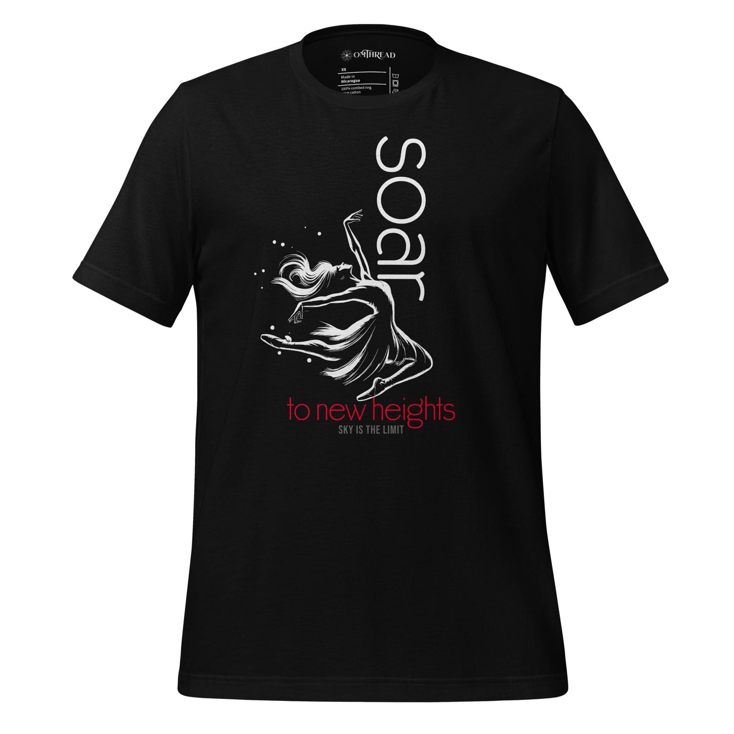 OMTHREAD black t-shirt featuring a white ballet dancer illustration with "Soar to New Heights" in white and red text.