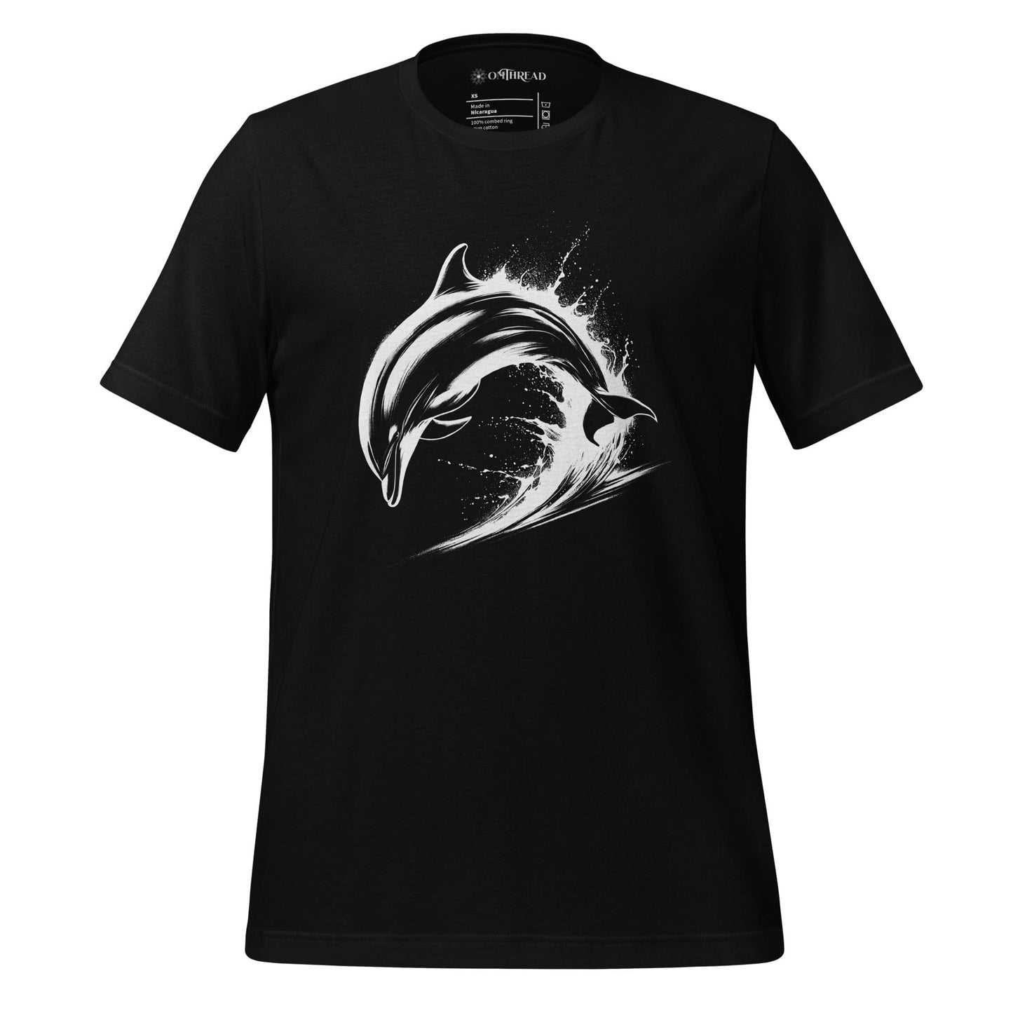OMTHREAD black t-shirt featuring a white dolphin mid-leap over ocean waves, designed in a bold, high-contrast style.