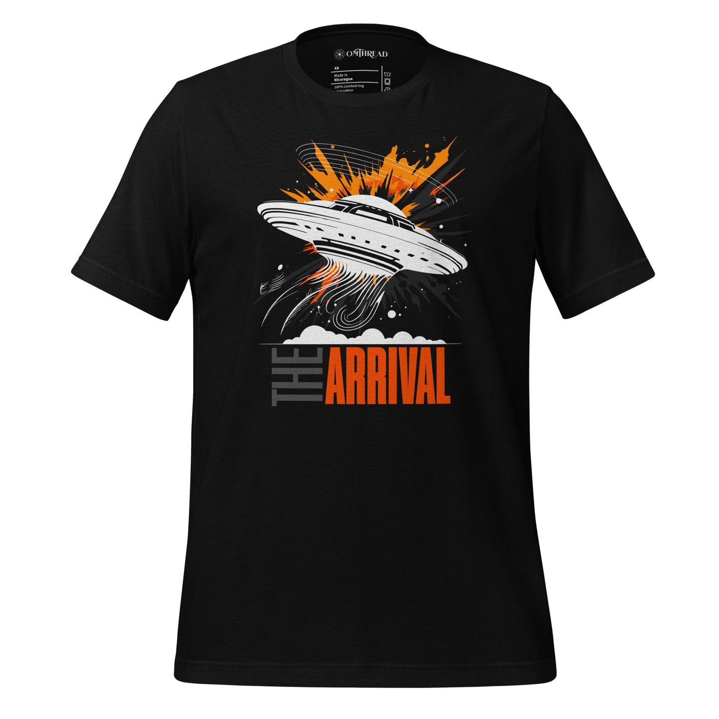 Black t-shirt showcasing a bold design of a UFO emitting glowing beams, surrounded by explosive orange accents, clouds, and dynamic motion lines, with the text, THE ARRIVAL in contrasting gray and orange, blending sci-fi and graphic art.