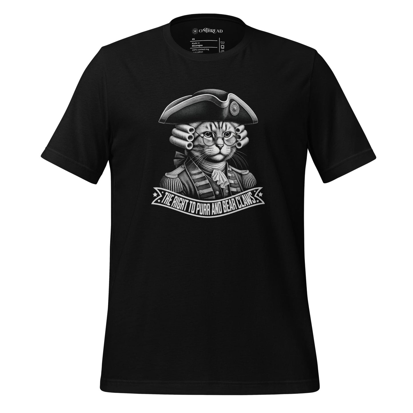 MThread black t-shirt featuring a cat in 18th-century revolutionary attire, complete with a tricorn hat, powdered wig, and glasses. The design includes a bold banner reading 'The Right to Purr and Bear Claws' in stylized lettering.