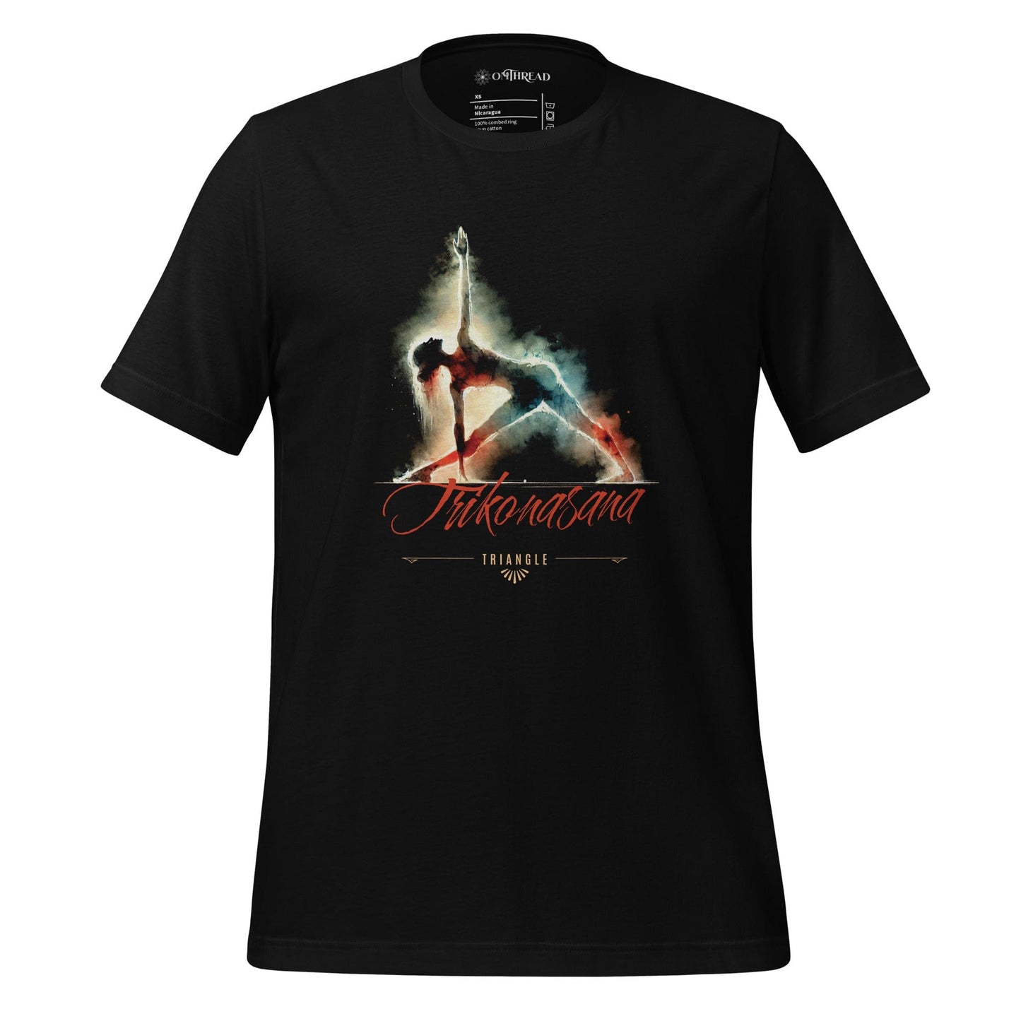 OMThread black t-shirt featuring a watercolor-style illustration of a person in the Trikonasana yoga pose, also known as the Triangle Pose, with artistic smoke effects and stylized text below.