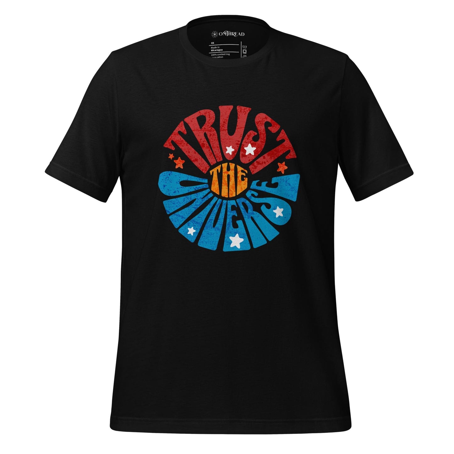 OMTHREAD Trust the Universe Motivational Black Tee with vintage-style text and stars