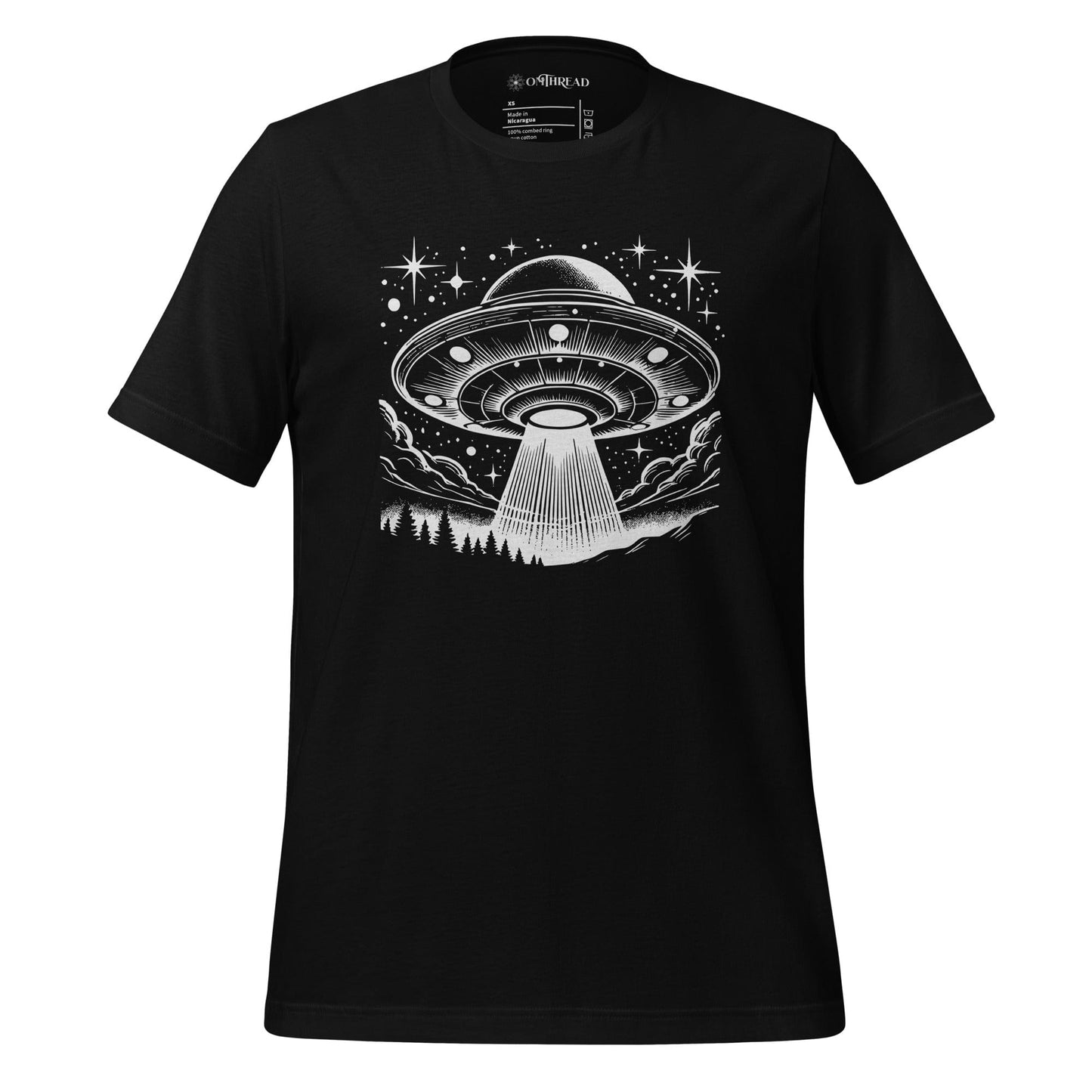 OMTHREAD UFO in the Night Sky Tee, black t-shirt featuring a UFO design with a beam of light in the night sky, surrounded by stars and clouds.