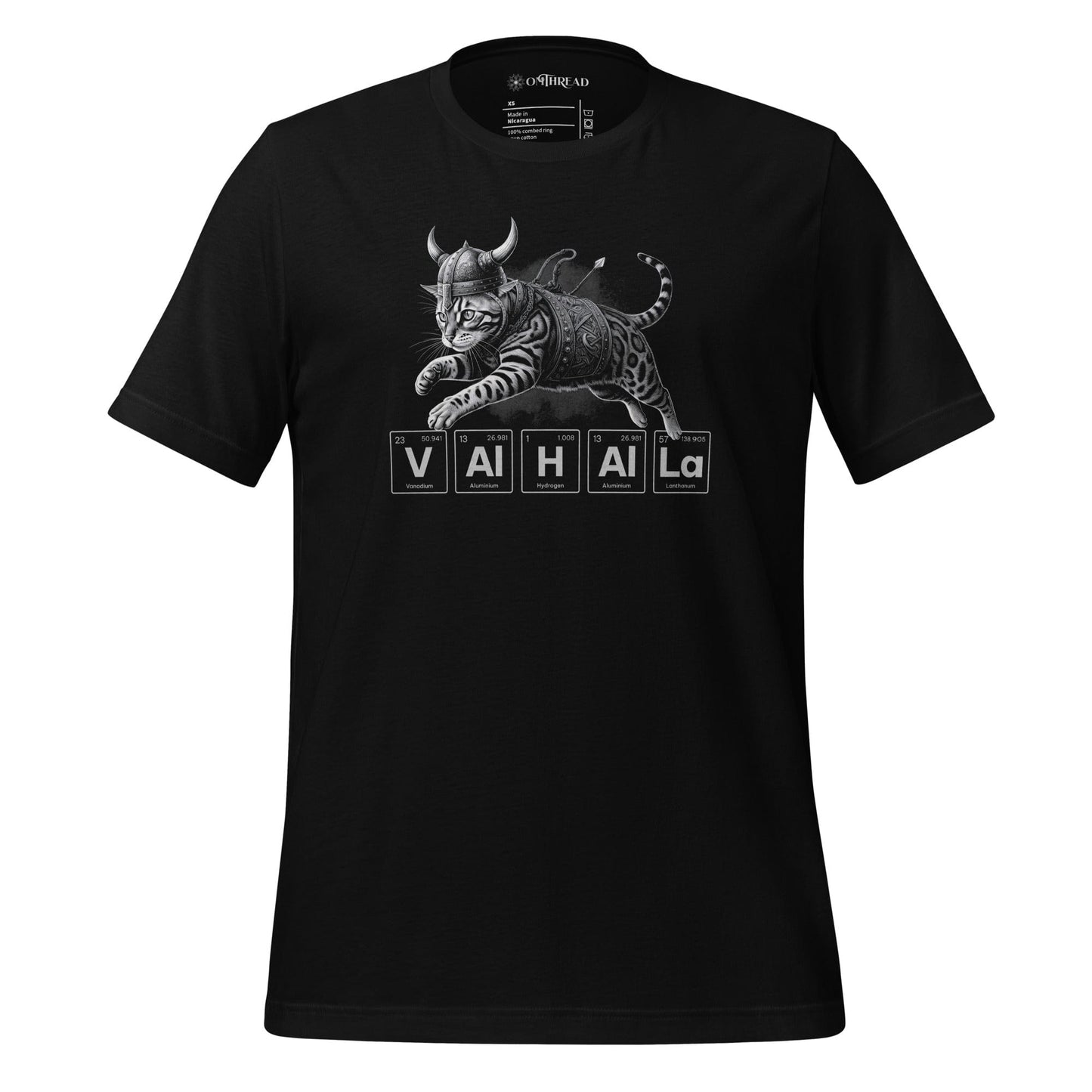 OMTHREAD black t-shirt featuring a Viking-style armored cat in mid-leap. Below the cat, the word "Valhalla" is spelled using periodic table elements, including vanadium, aluminum, hydrogen, and lanthanum.