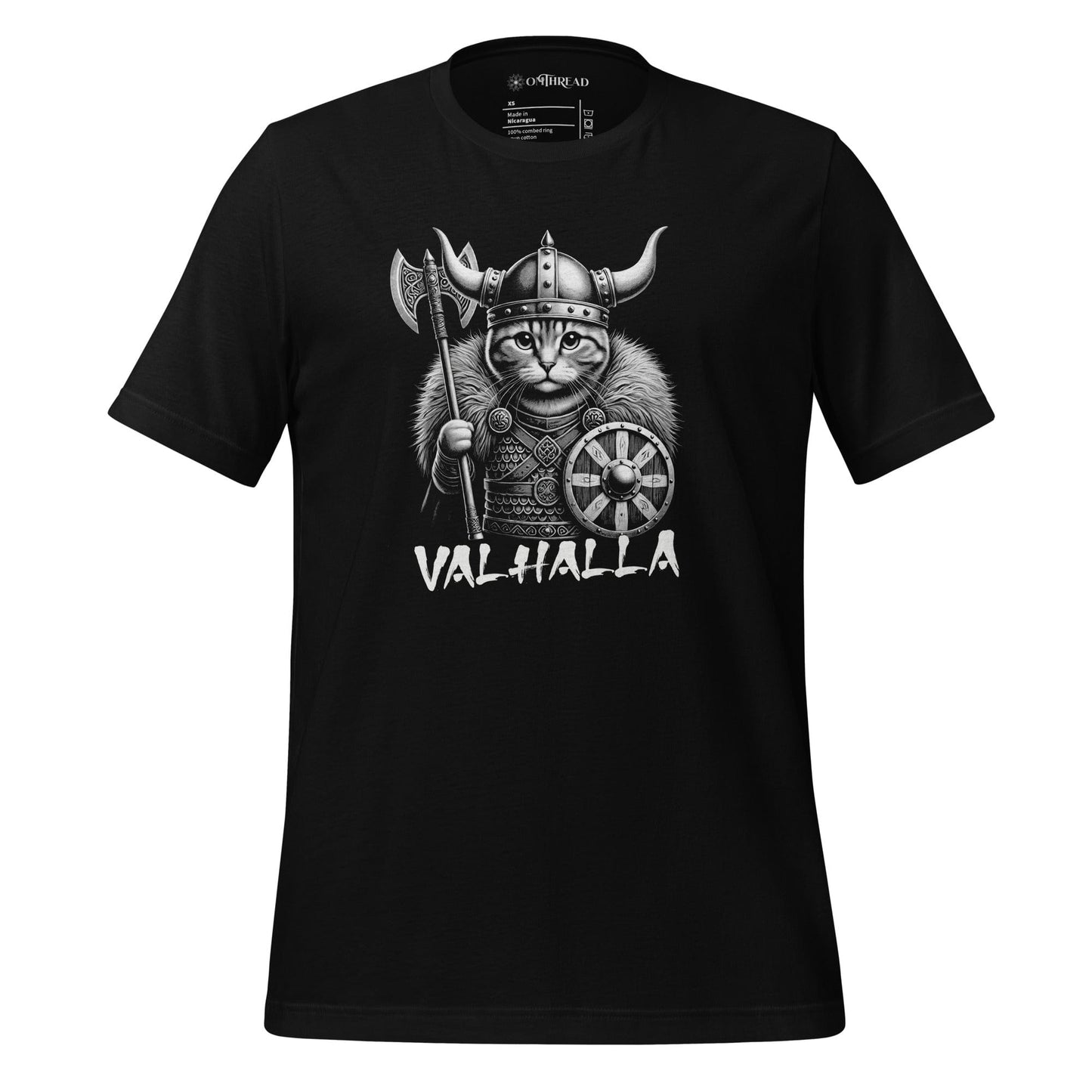 Black t-shirt featuring a Viking cat warrior wearing a horned helmet, fur cloak, and armor, holding an axe and shield. The word 'VALHALLA' is displayed below.