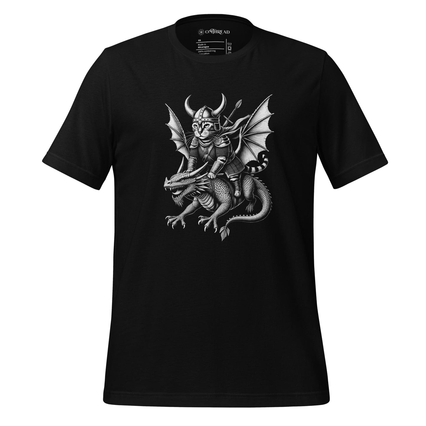 OMThread Viking Cat Dragon Rider black t-shirt featuring a detailed black and white illustration of a feline warrior in Viking armor, holding a spear while riding a fierce dragon with large wings and sharp claws.