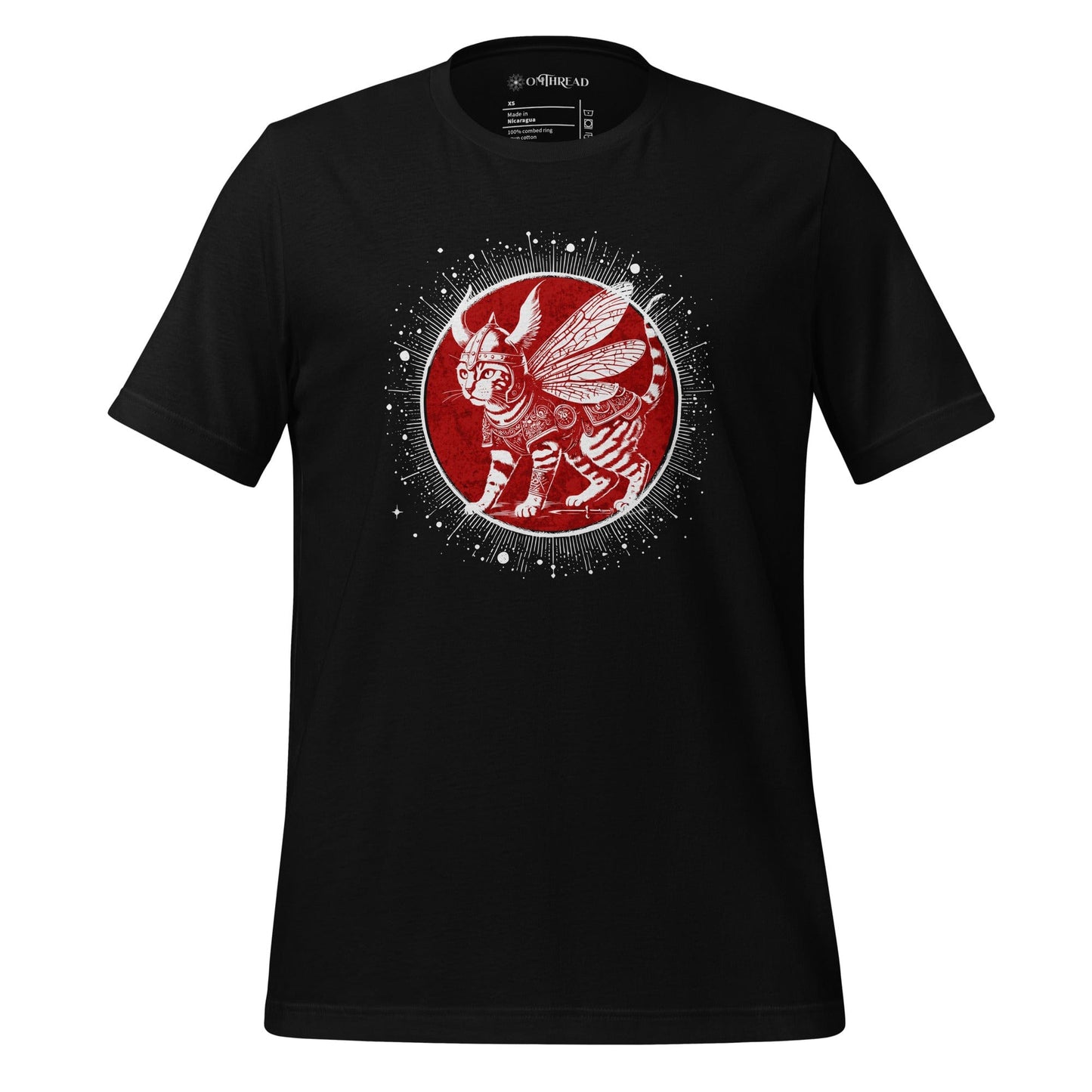 OMThread black t-shirt featuring a Viking cat with wings, wearing Norse-inspired armor, set against a red circular backdrop with celestial details. The feline has intricate markings and an intense gaze.
