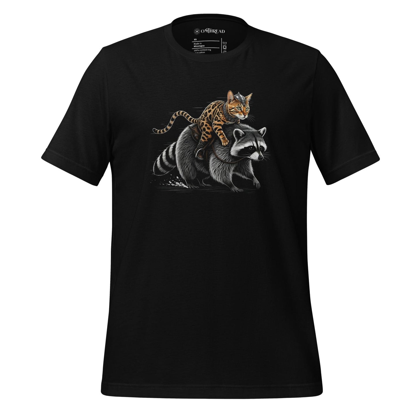 OMTHREAD black t-shirt featuring a Viking warrior cat with Nordic markings riding a determined raccoon. The feline has a fierce expression, gripping the raccoon's fur, while the raccoon strides forward with focus.