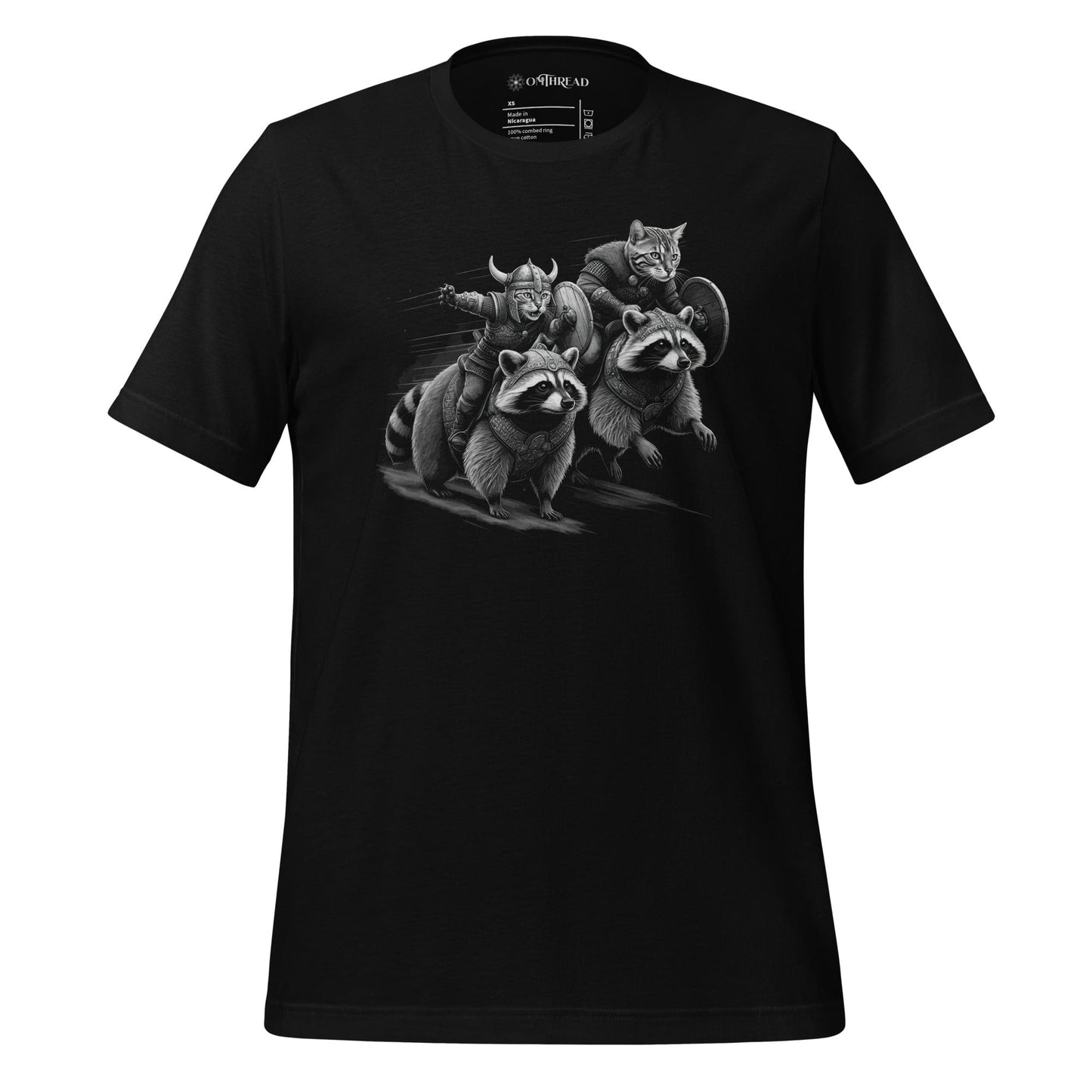 OMTHREAD black t-shirt featuring two Viking cats in armor and helmets, riding armored raccoons. One cat holds a sword, the other carries a shield. The design is intricately detailed, depicting dynamic motion and a fantasy warrior theme.