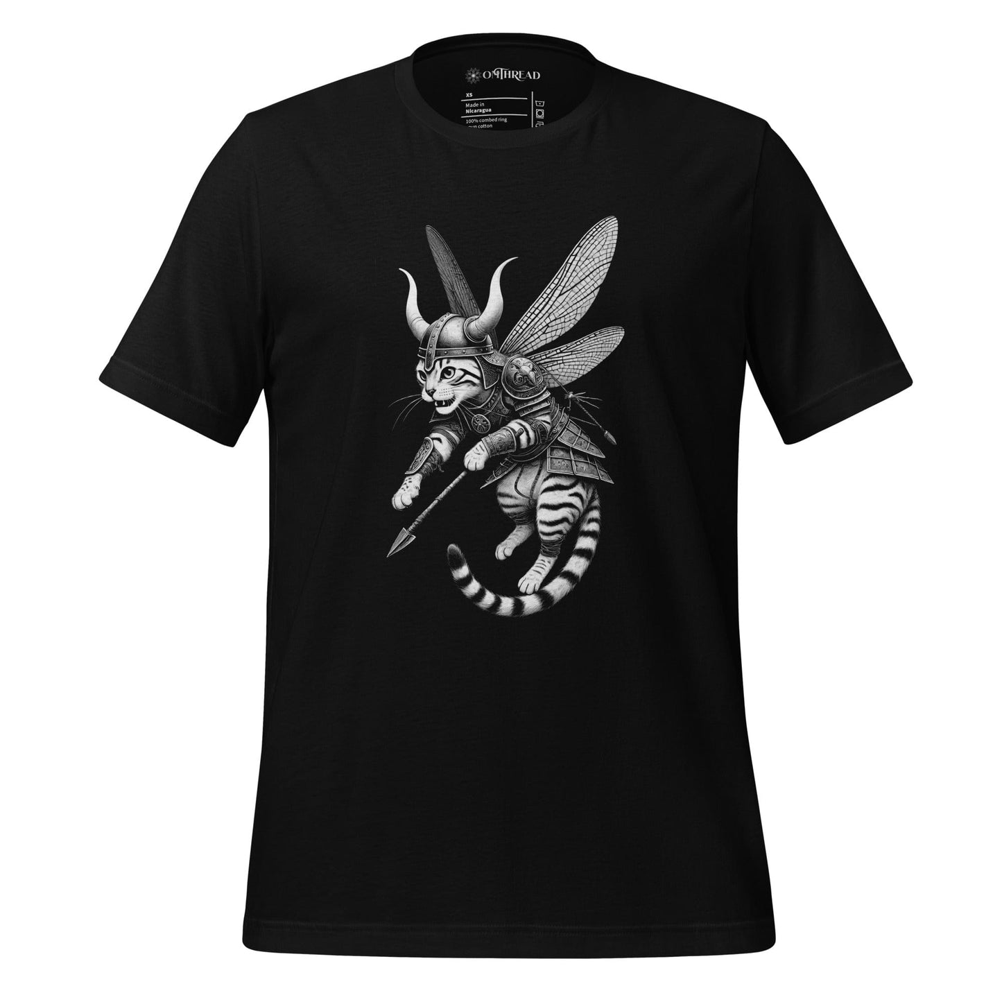 OMThread black t-shirt featuring a Viking warrior cat in full armor with dragonfly wings, wielding a spear. The feline has a fierce expression, wearing a horned helmet and detailed armor, blending fantasy and Norse mythology elements.