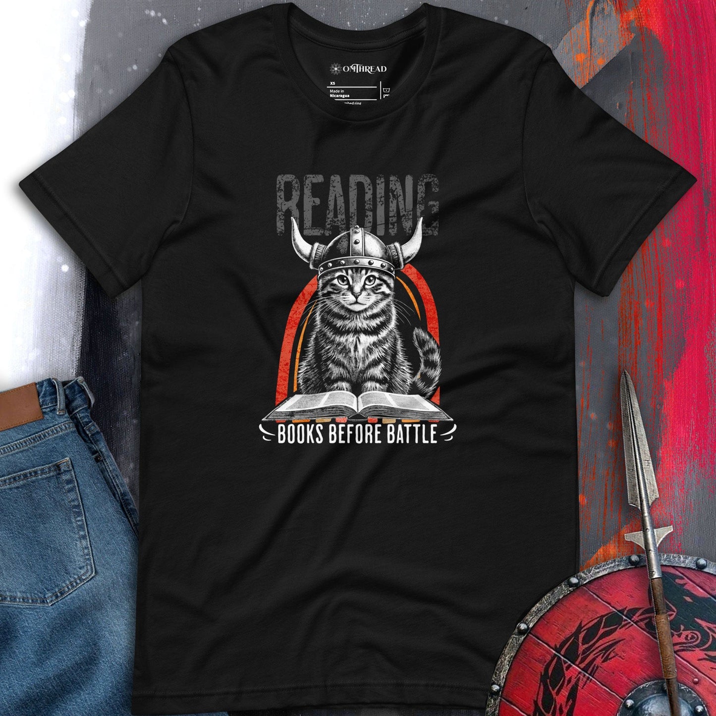 OMTHREAD Books Before Battle Viking Cat T-Shirt | Funny Feline Graphic Tee