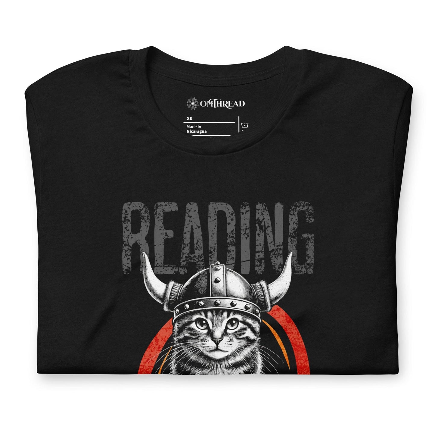 OMTHREAD Books Before Battle Viking Cat T-Shirt | Funny Feline Graphic Tee
