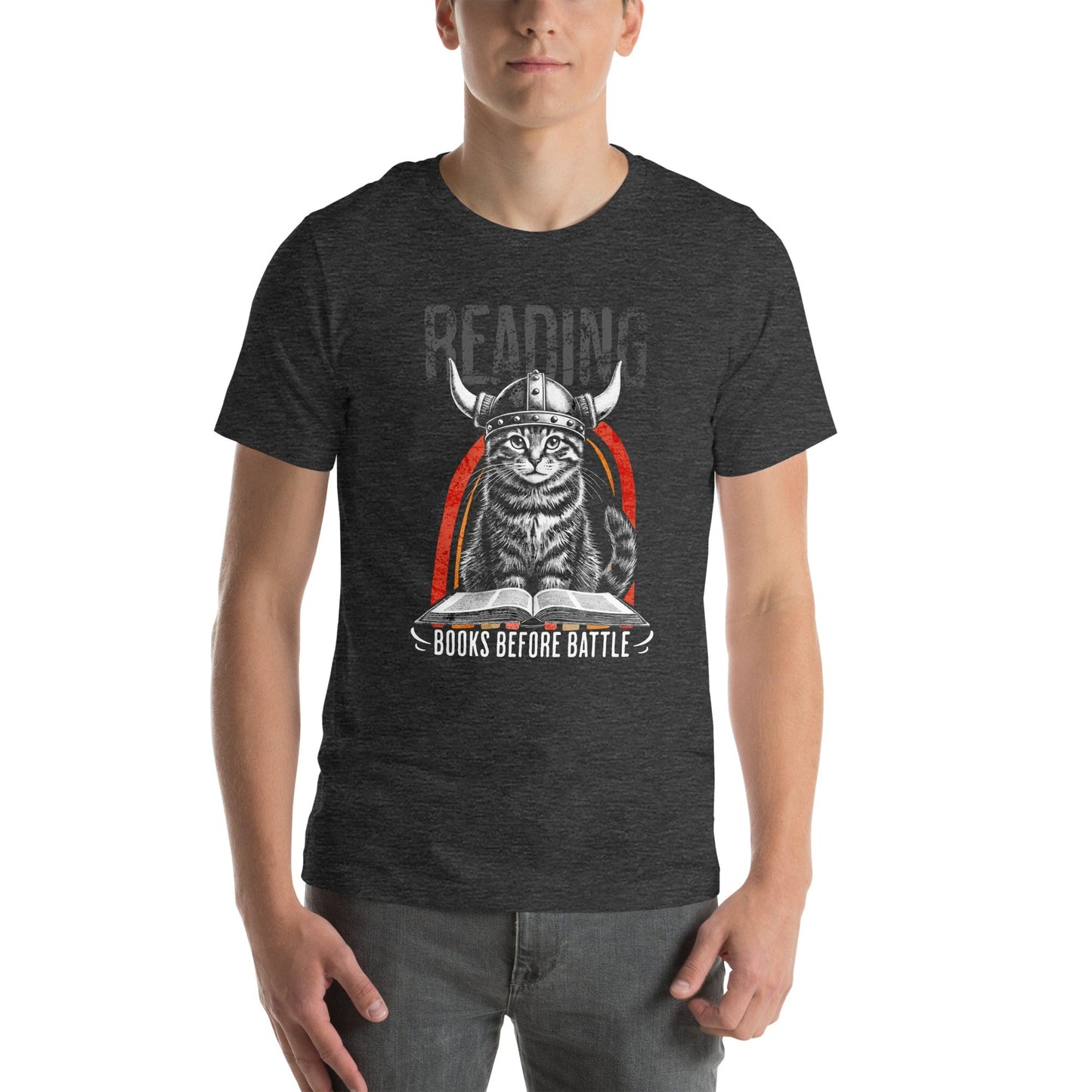 OMTHREAD Books Before Battle Viking Cat T-Shirt | Funny Feline Graphic Tee