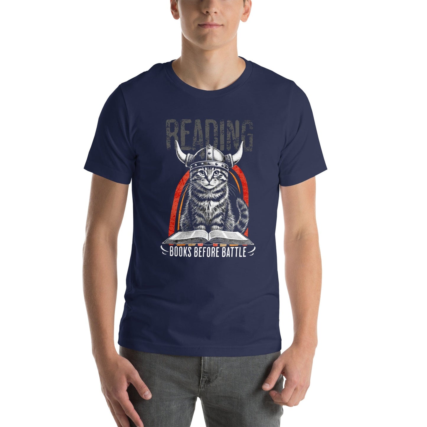 OMTHREAD Books Before Battle Viking Cat T-Shirt | Funny Feline Graphic Tee