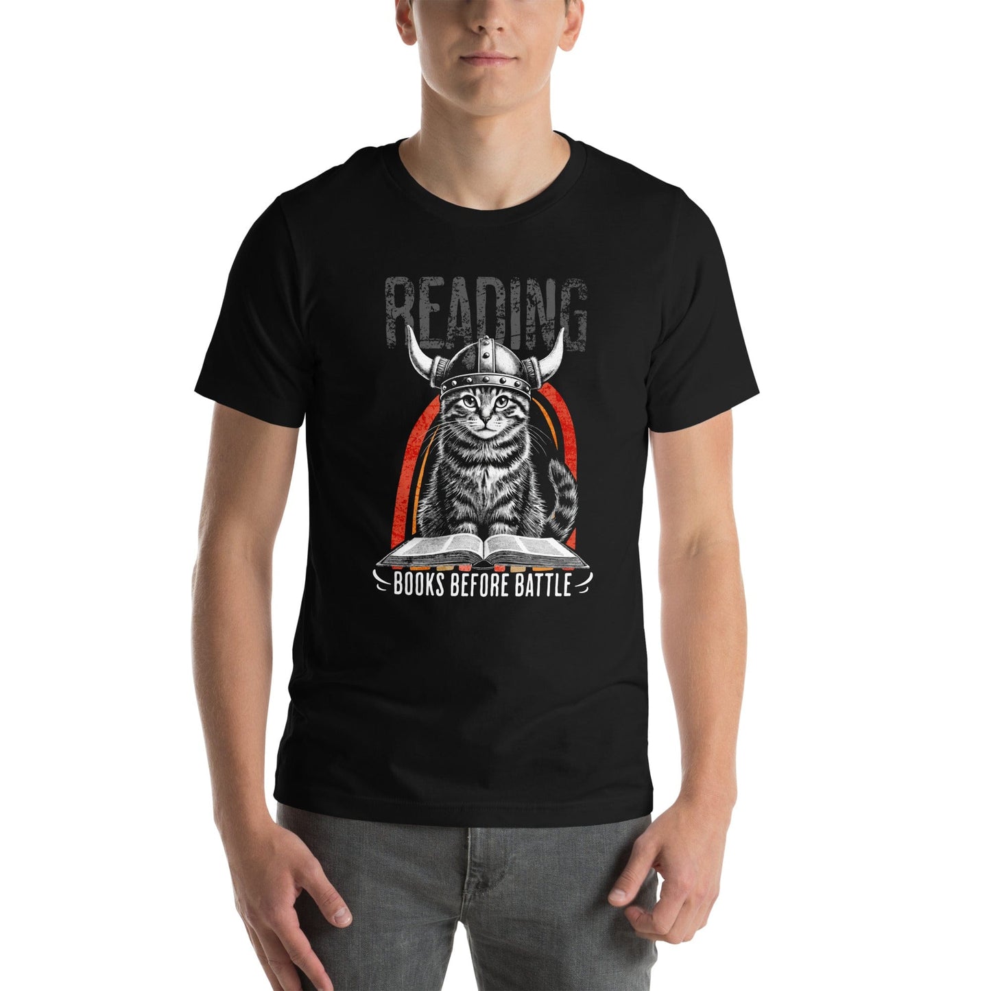 OMTHREAD Books Before Battle Viking Cat T-Shirt | Funny Feline Graphic Tee