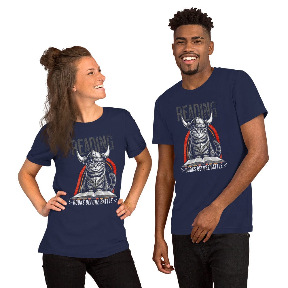 OMTHREAD Books Before Battle Viking Cat T-Shirt | Funny Feline Graphic Tee