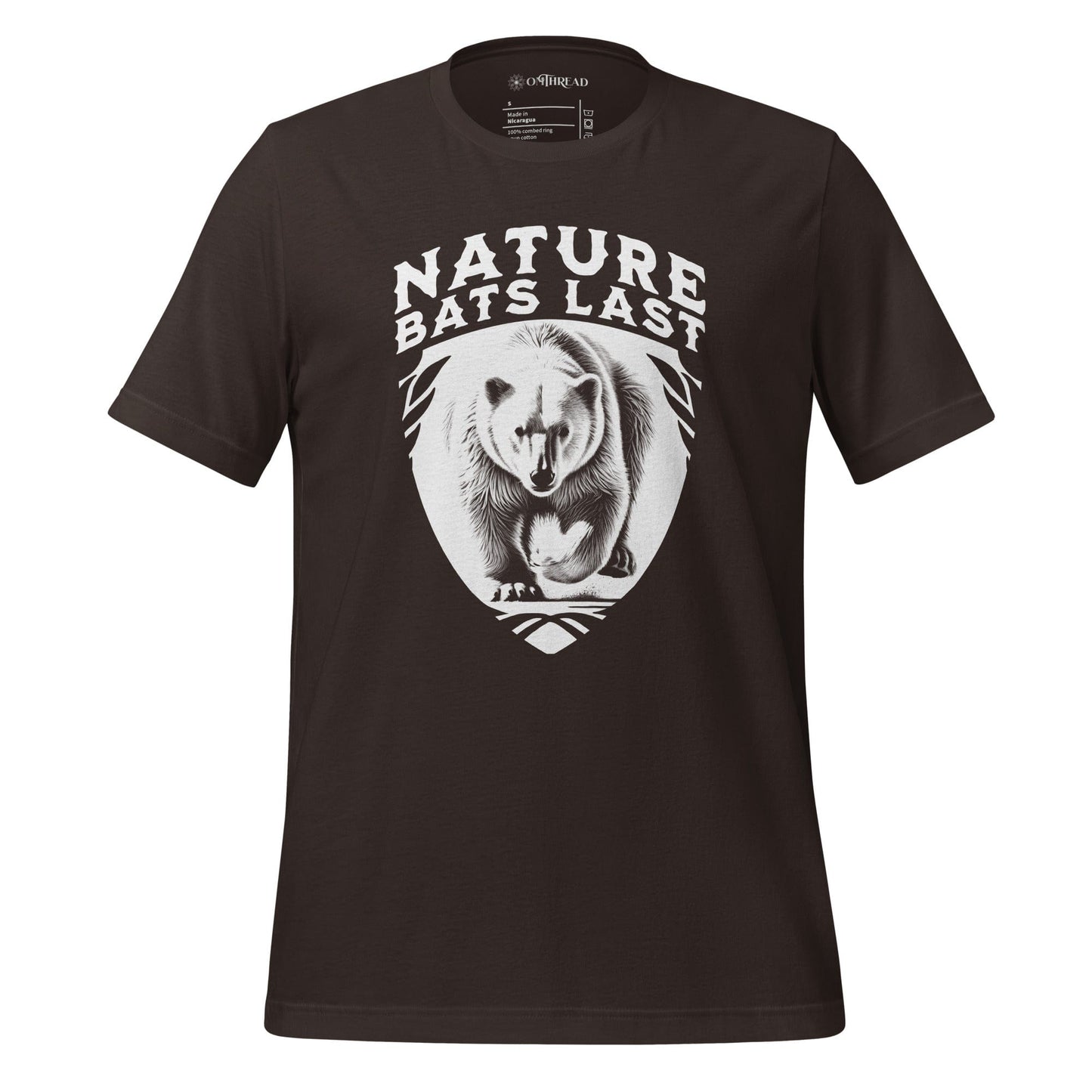 OMTHREAD Brown T-Shirt with a detailed polar bear illustration and bold "Nature Bats Last" text.