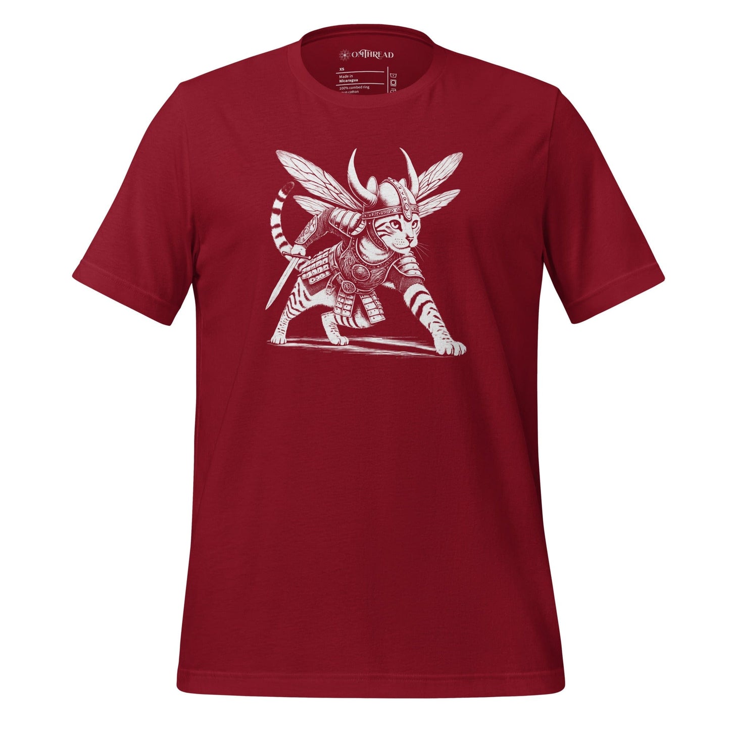 OMThread red cardinal t-shirt featuring an intricately illustrated Viking warrior cat in a battle-ready stance, wearing detailed armor, a horned helmet, and insect-like wings, holding a sword.