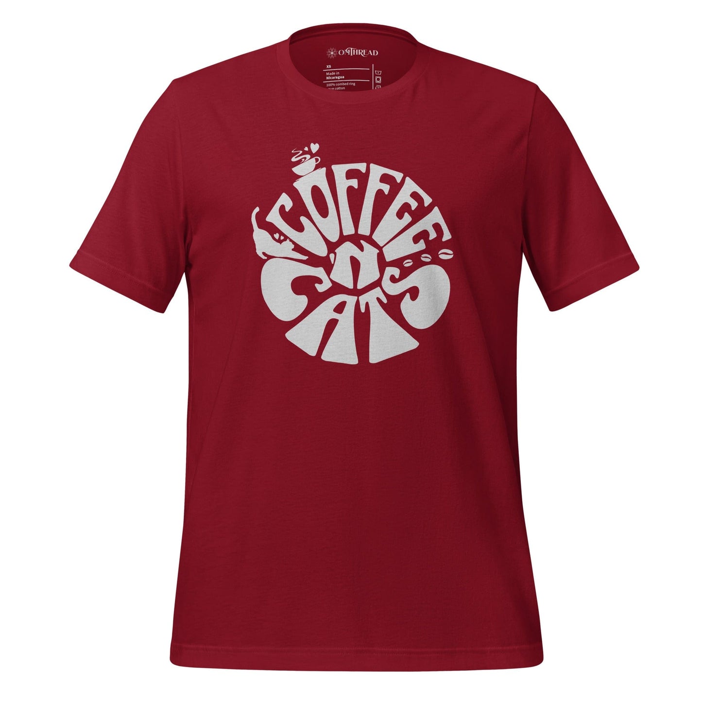 OMTHREAD red t-shirt featuring a retro-style design with the phrase "Coffee N' Cats" in bold, curvy white lettering. The typography incorporates small illustrations of a steaming coffee cup and a cat silhouette.