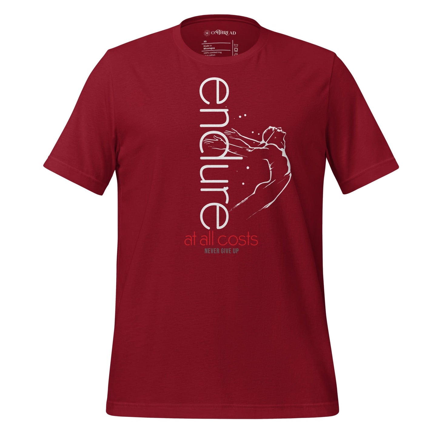 OMThread red t-shirt with white endurance-themed line art of a figure in motion and red text reading "at all costs never give up"