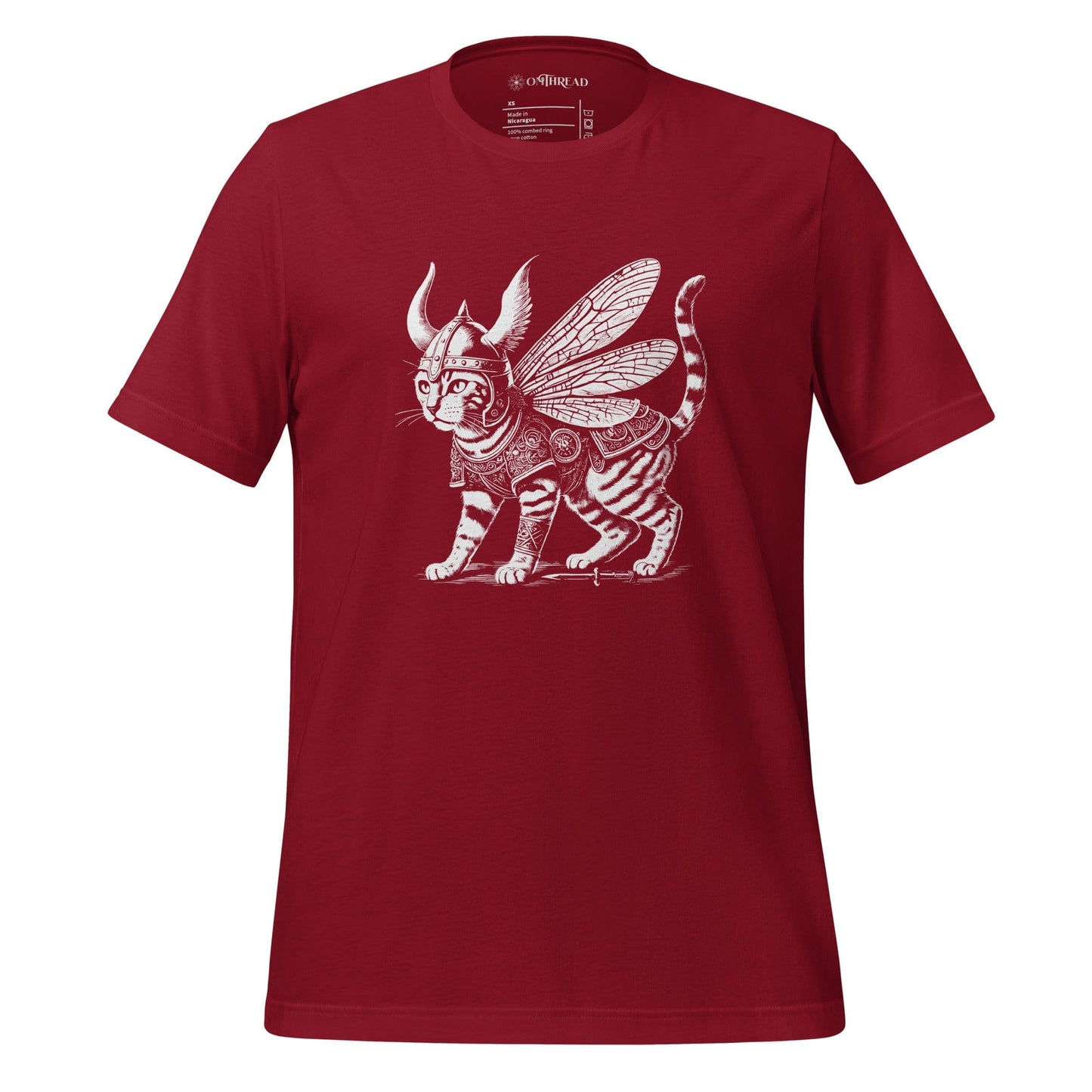 OMThread red t-shirt featuring a highly detailed illustration of a Viking warrior cat with insect-like wings, wearing intricate armor and a horned helmet. The feline stands confidently, exuding strength and mystery.