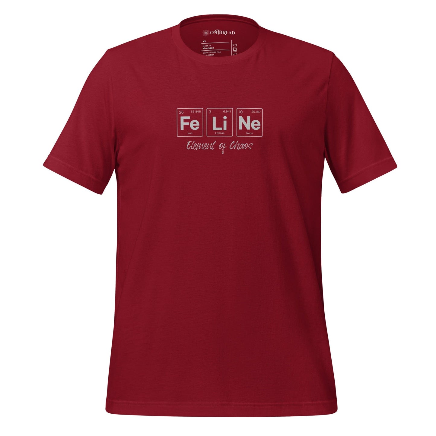 OMThread FeLiNe Element of Chaos deep red t-shirt featuring the word "FeLiNe" spelled using periodic table elements Iron (Fe), Lithium (Li), and Neon (Ne), with "Element of Chaos" written below in cursive font.