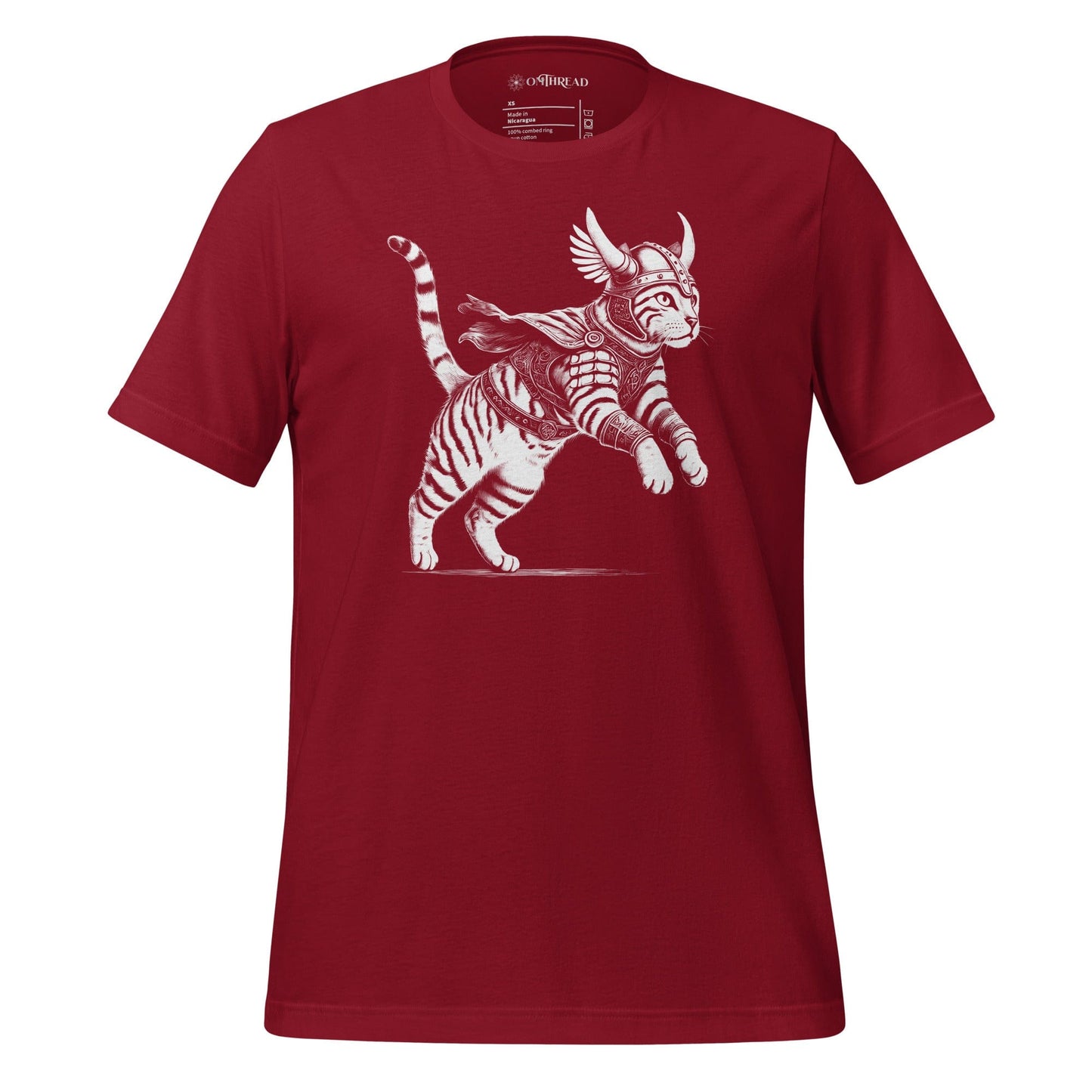 OMThread t-shirt featuring a detailed illustration of a Viking cat in armor with a horned helmet, flowing cape, and feathered wings. The feline warrior is in an action-ready pose with intricate linework.ed