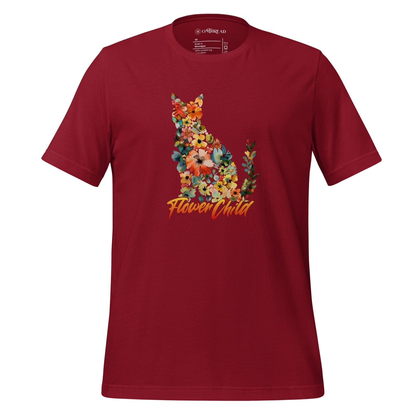 Cardinal red t-shirt featuring a floral cat silhouette made of blooming flowers in vibrant colors. Below, the text 'Flower Child' is written in artistic script.