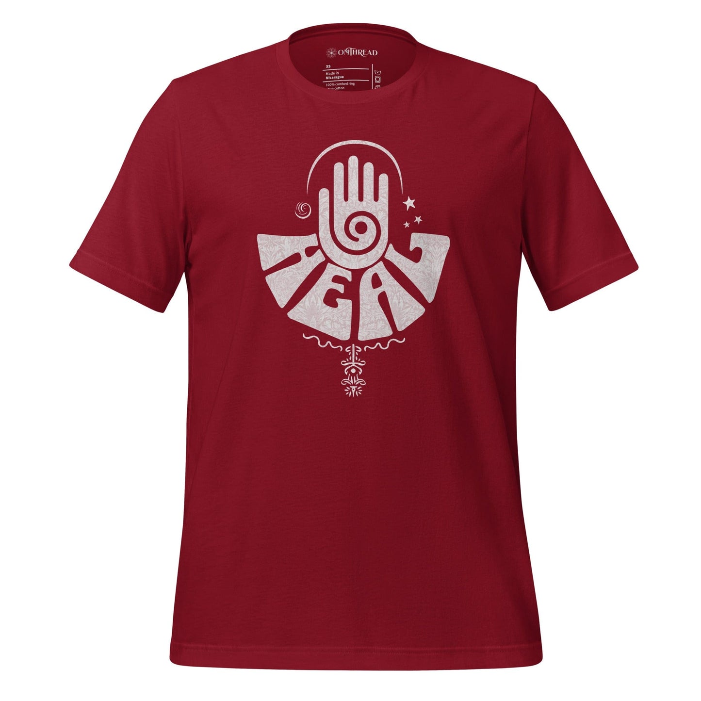 OMTHREAD red t-shirt featuring a white healing hand design with a spiral palm symbol and intricate patterns, representing energy healing and spiritual balance.