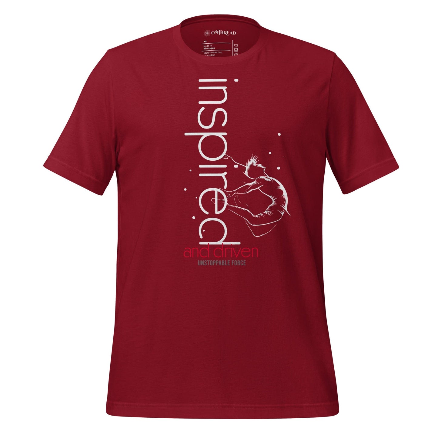 OMThread red t-shirt with "Inspired and Driven" typography and an abstract figure in motion, symbolizing motivation and determination