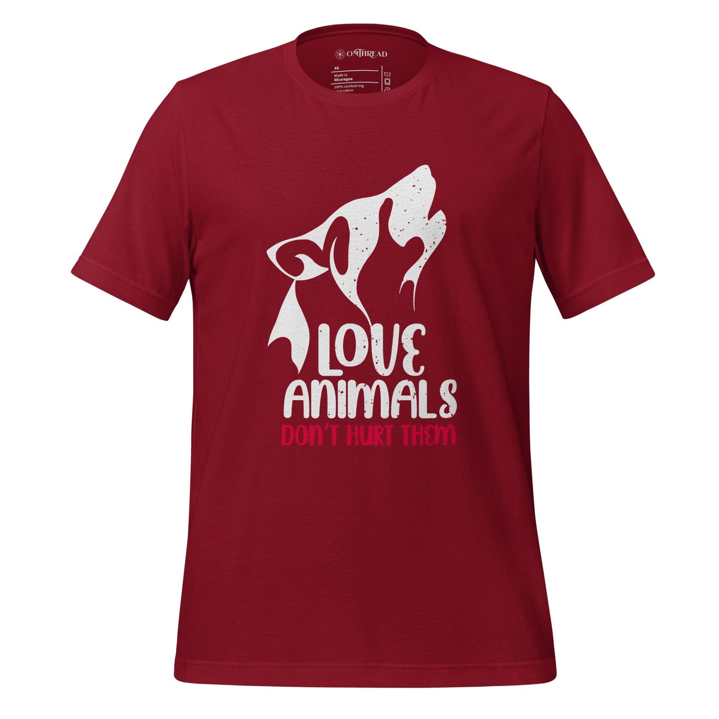 OMThread cardinal red t-shirt featuring a white and red design of a stylized wolf howling with the words "Love Animals, Don't Hurt Them" in bold typography