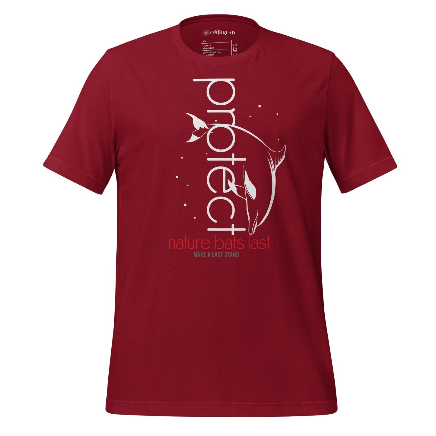 OMTHREADred cardinal t-shirt featuring a white dolphin illustration with the word "Protect" in vertical text and "Nature Bats Last" in red and "Make a Last Stand" below.