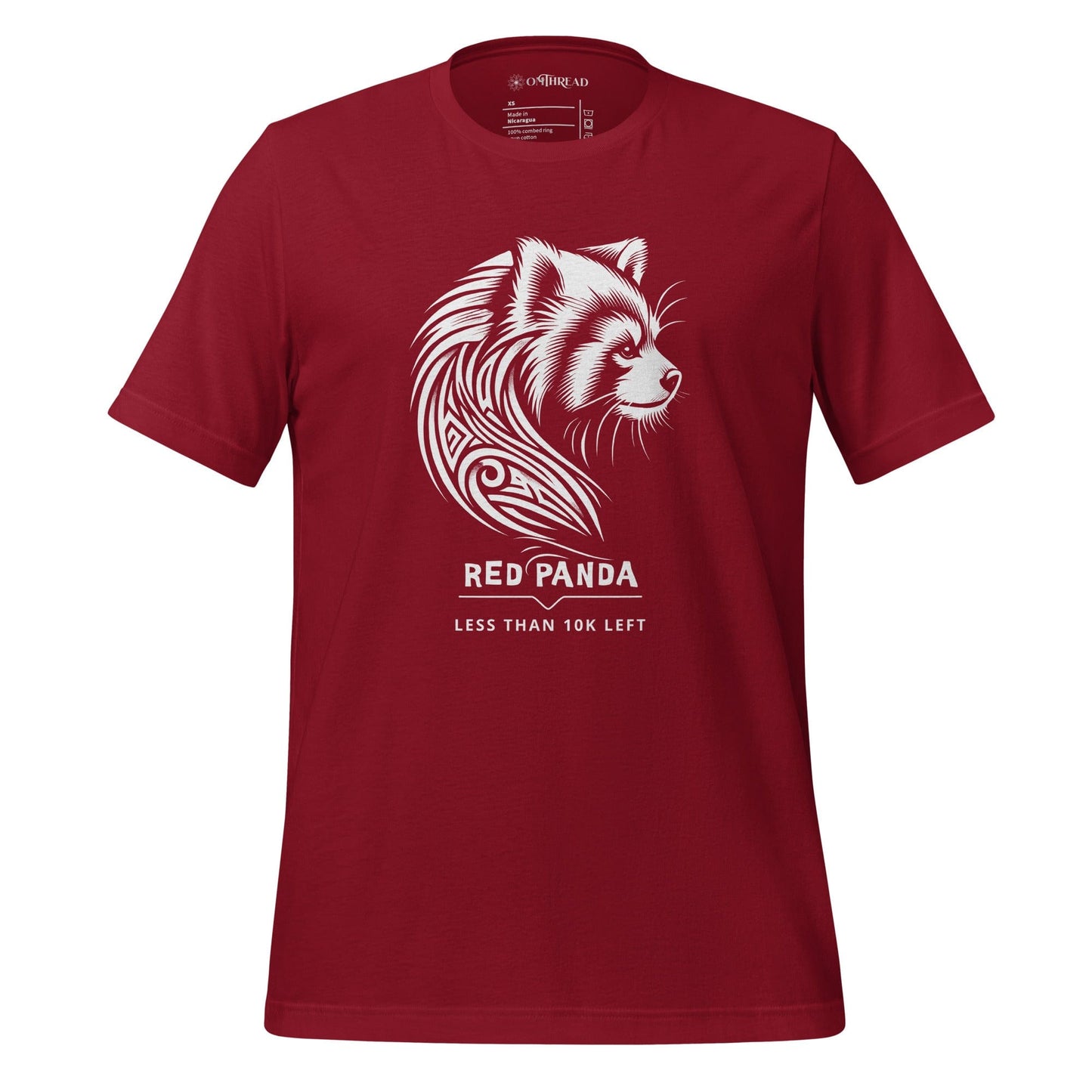 OMThread cardinal red t-shirt featuring a white tribal-style red panda illustration with the text 'Less Than 10K Left' below the design.
