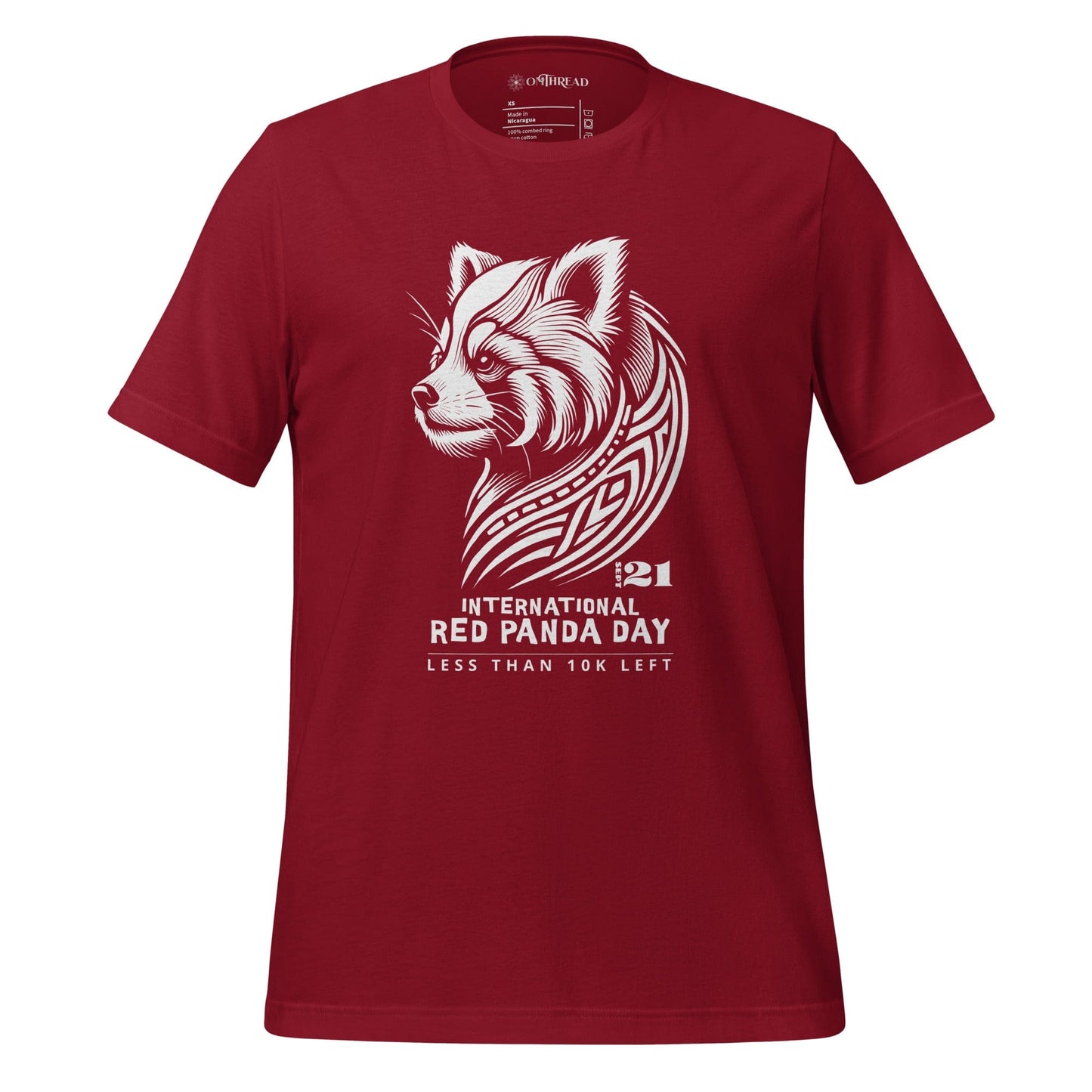 OMThread red cardinal t-shirt with white tribal-style red panda illustration and text reading "International Red Panda Day, Less Than 10K Left"