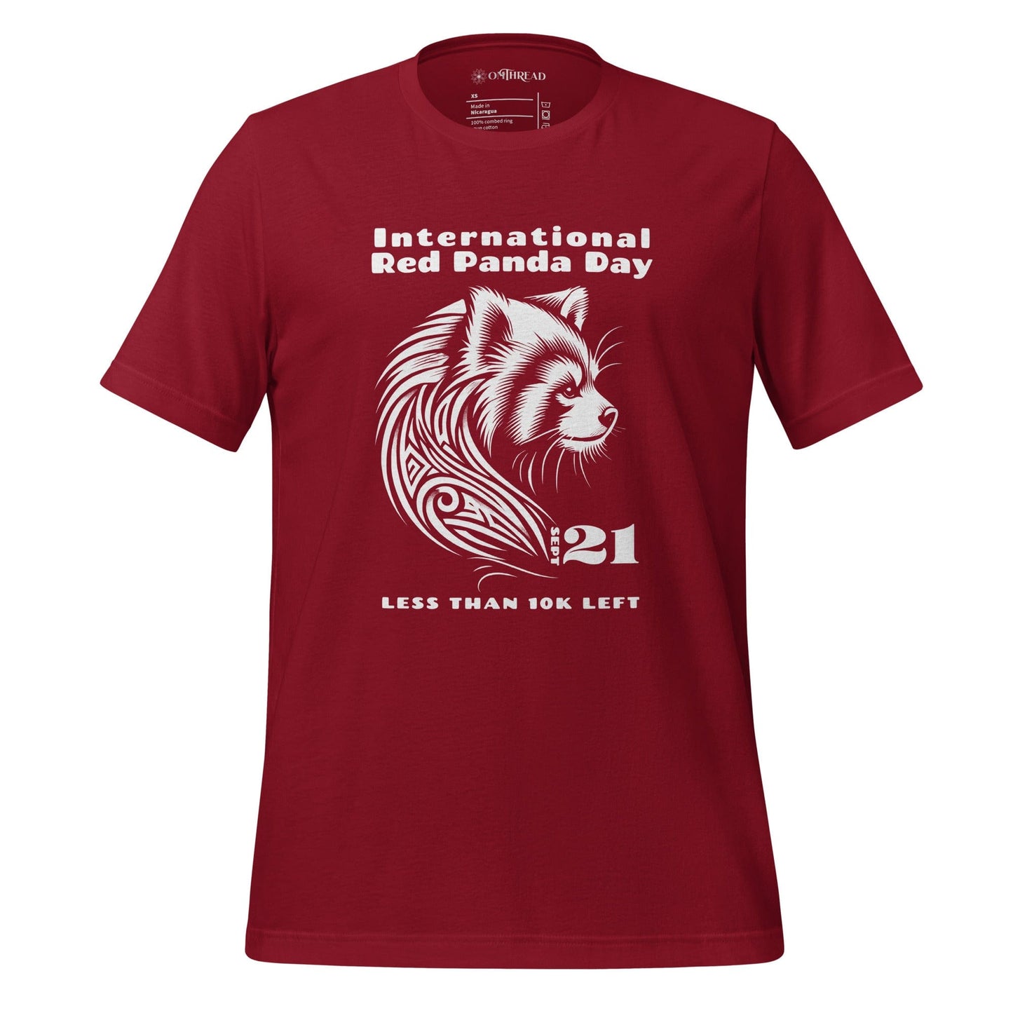 OMThread cardinal red t-shirt featuring a white tribal-style illustration of a red panda with the text "International Red Panda Day 21 Less Than 10K Left"