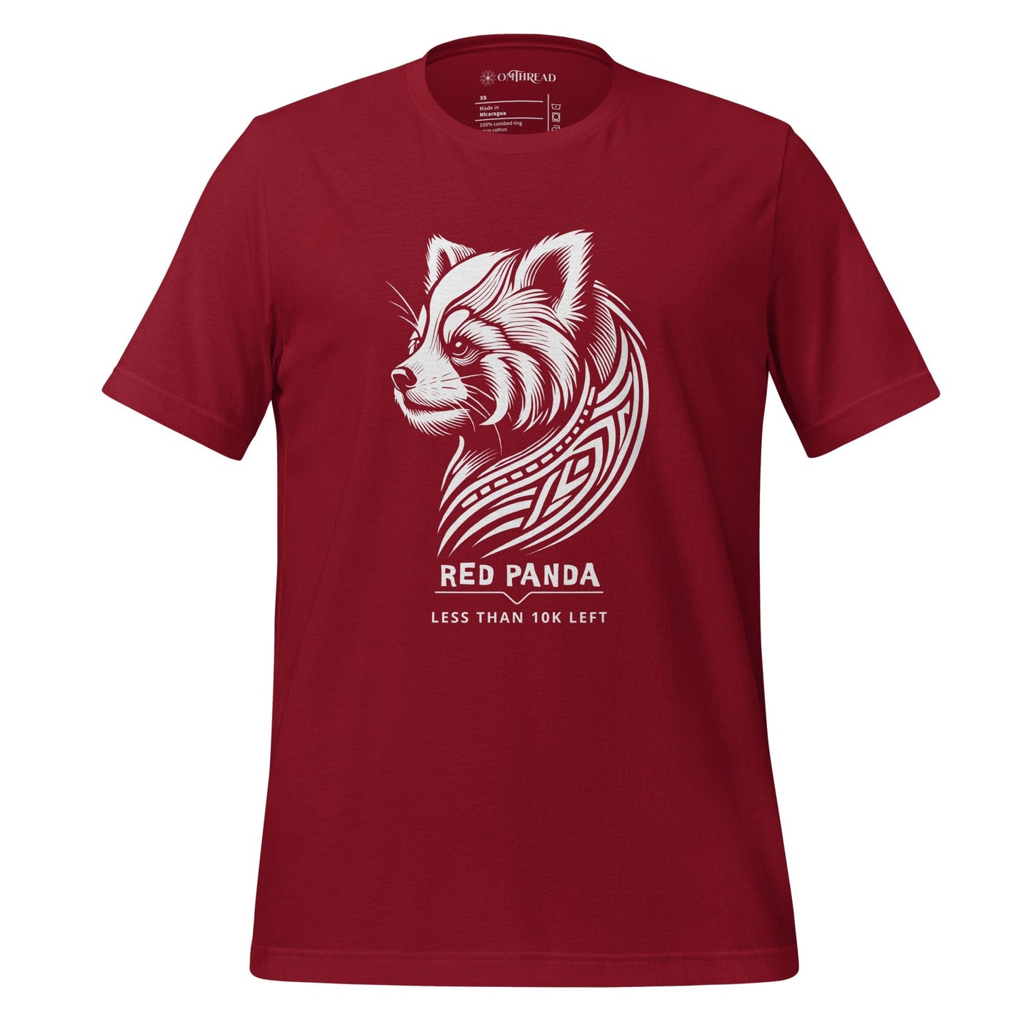 OMThread red cardinal t-shirt featuring a tribal-style red panda illustration with the phrase "Less Than 10K Left," highlighting endangered species awareness.