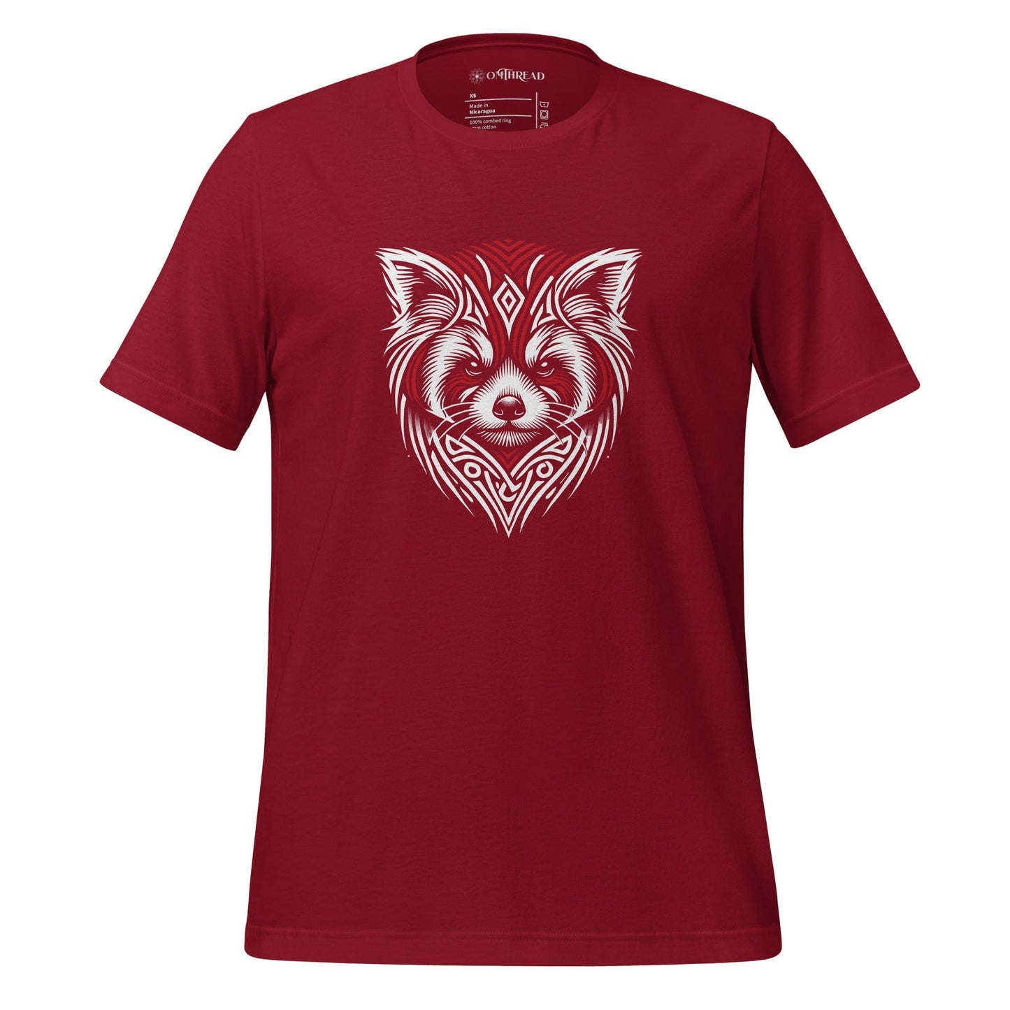 OMThread red carnival t-shirt featuring a detailed tribal-style red panda illustration with red and white accents.
