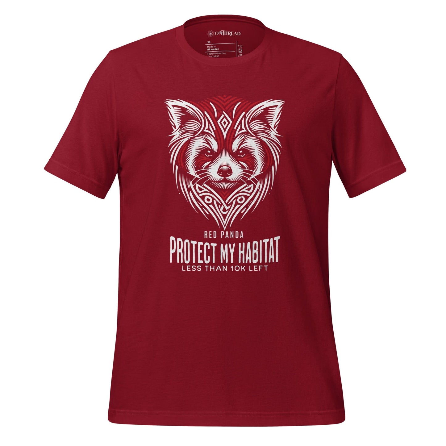 OMThread cardinal red t-shirt with a red panda tribal-style design and the text "Protect My Habitat Less Than 10K Left" in white and red.