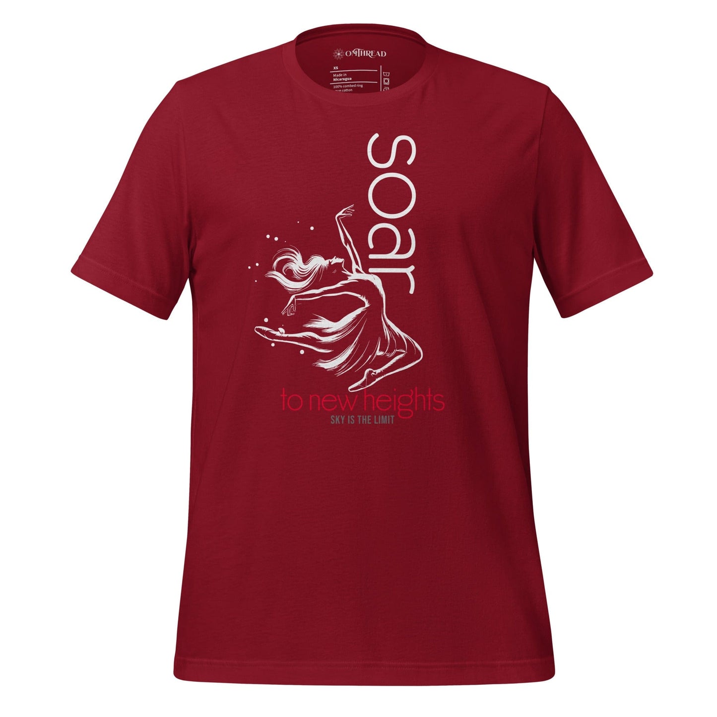 OMTHREAD red t-shirt featuring a white ballet dancer illustration with "Soar to New Heights" in white and red text.