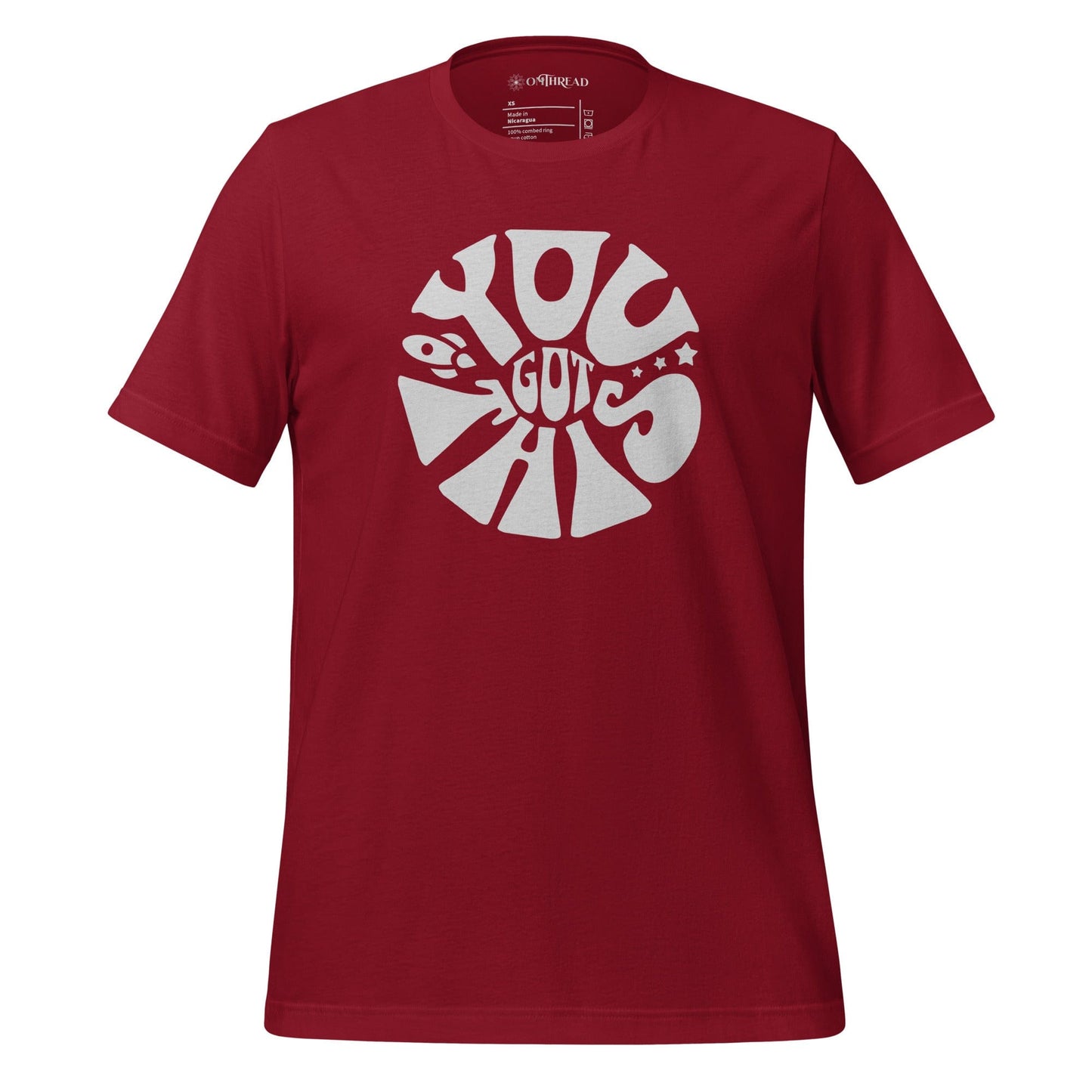OMTHREAD red t-shirt with bold white text design reading "You Got This" in a circular layout with a playful, motivational style.