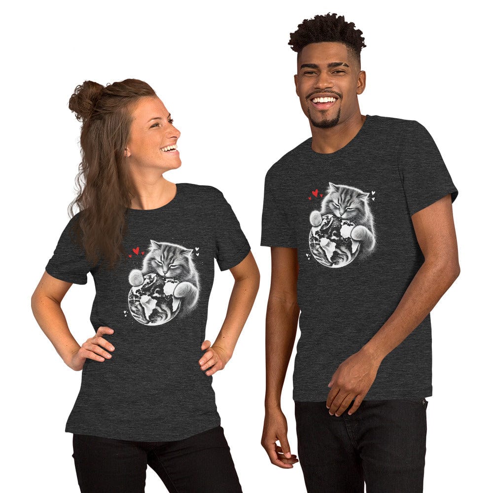 OMTHREAD Cat Hugging Earth T-Shirt | Love Earth Tee | Planet Awareness Cat