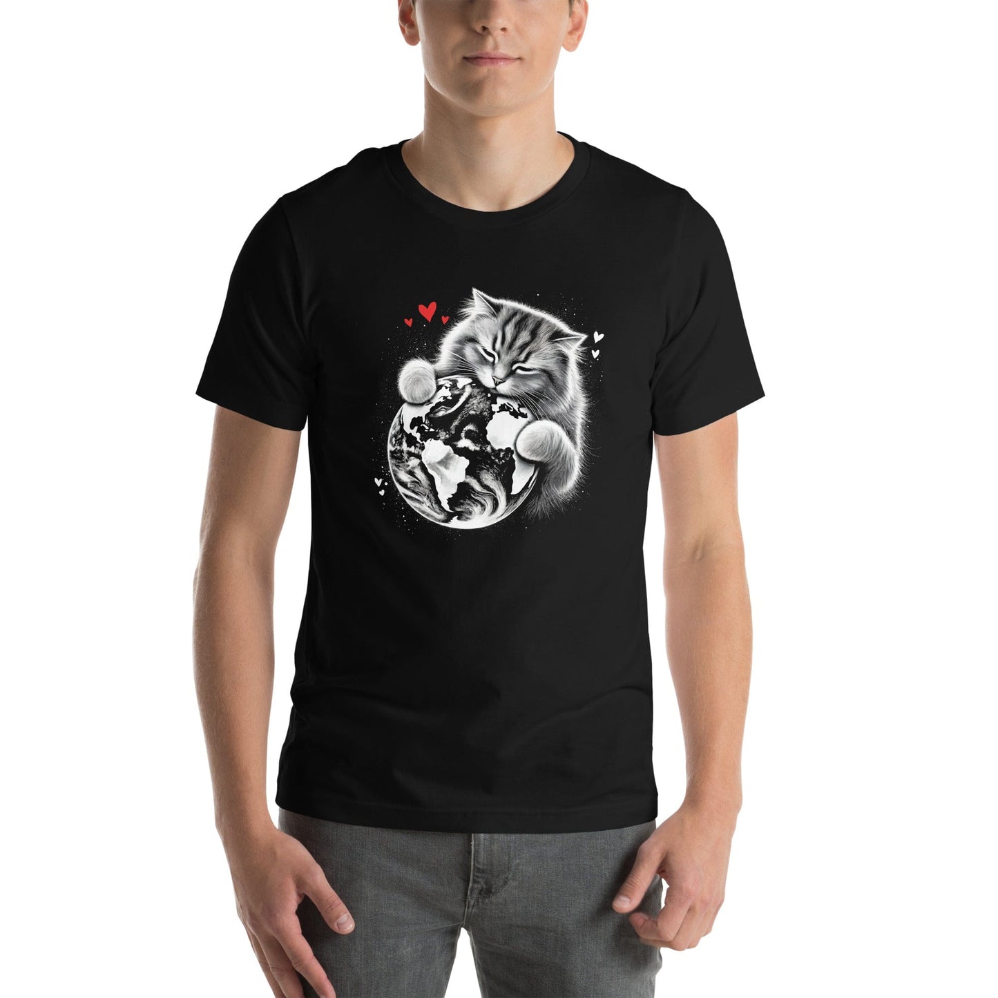 OMTHREAD Cat Hugging Earth T-Shirt | Love Earth Tee | Planet Awareness Cat