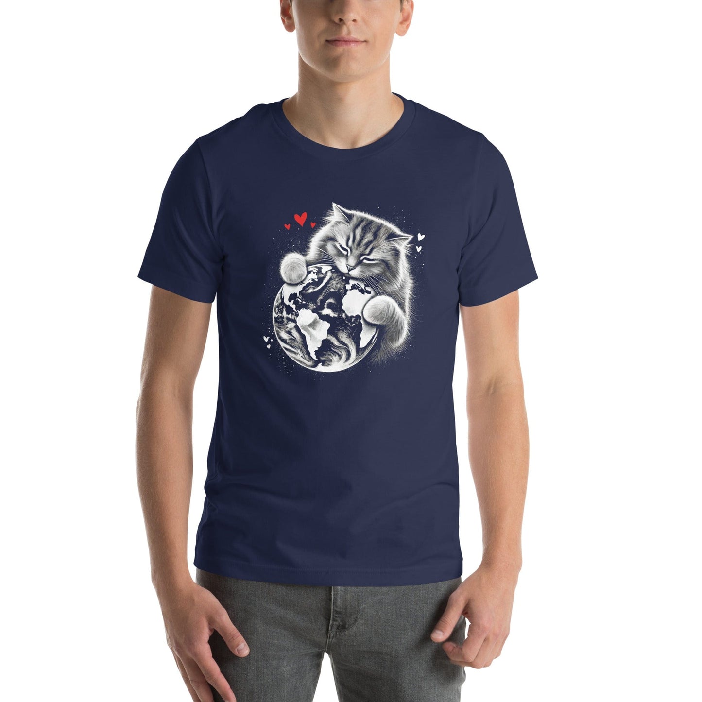 OMTHREAD Cat Hugging Earth T-Shirt | Love Earth Tee | Planet Awareness Cat