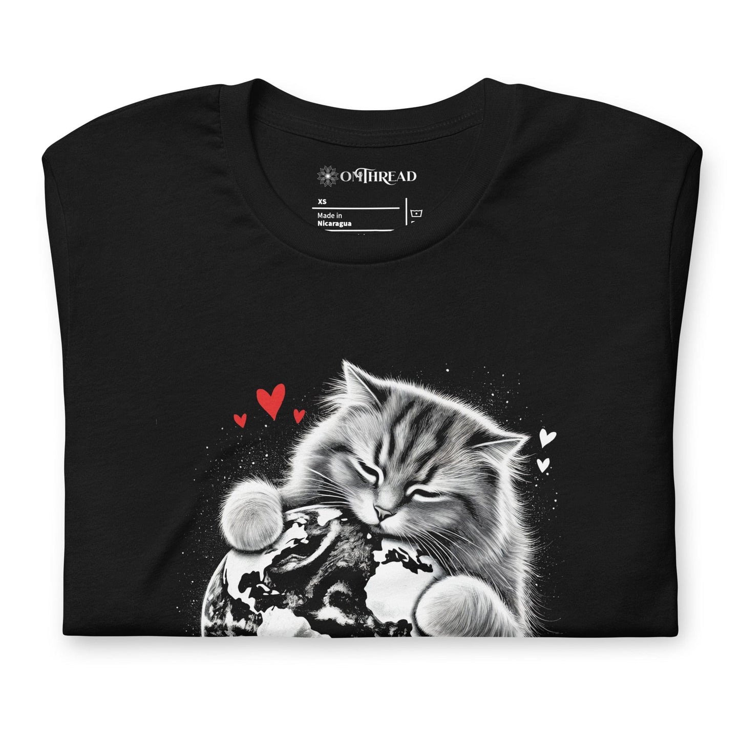 OMTHREAD Cat Hugging Earth T-Shirt | Love Earth Tee | Planet Awareness Cat