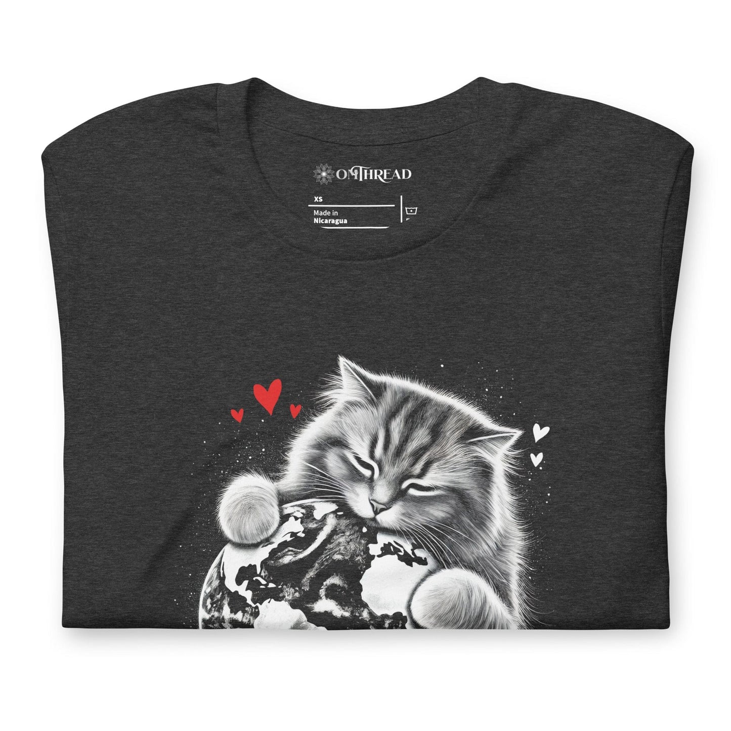 OMTHREAD Cat Hugging Earth T-Shirt | Love Earth Tee | Planet Awareness Cat