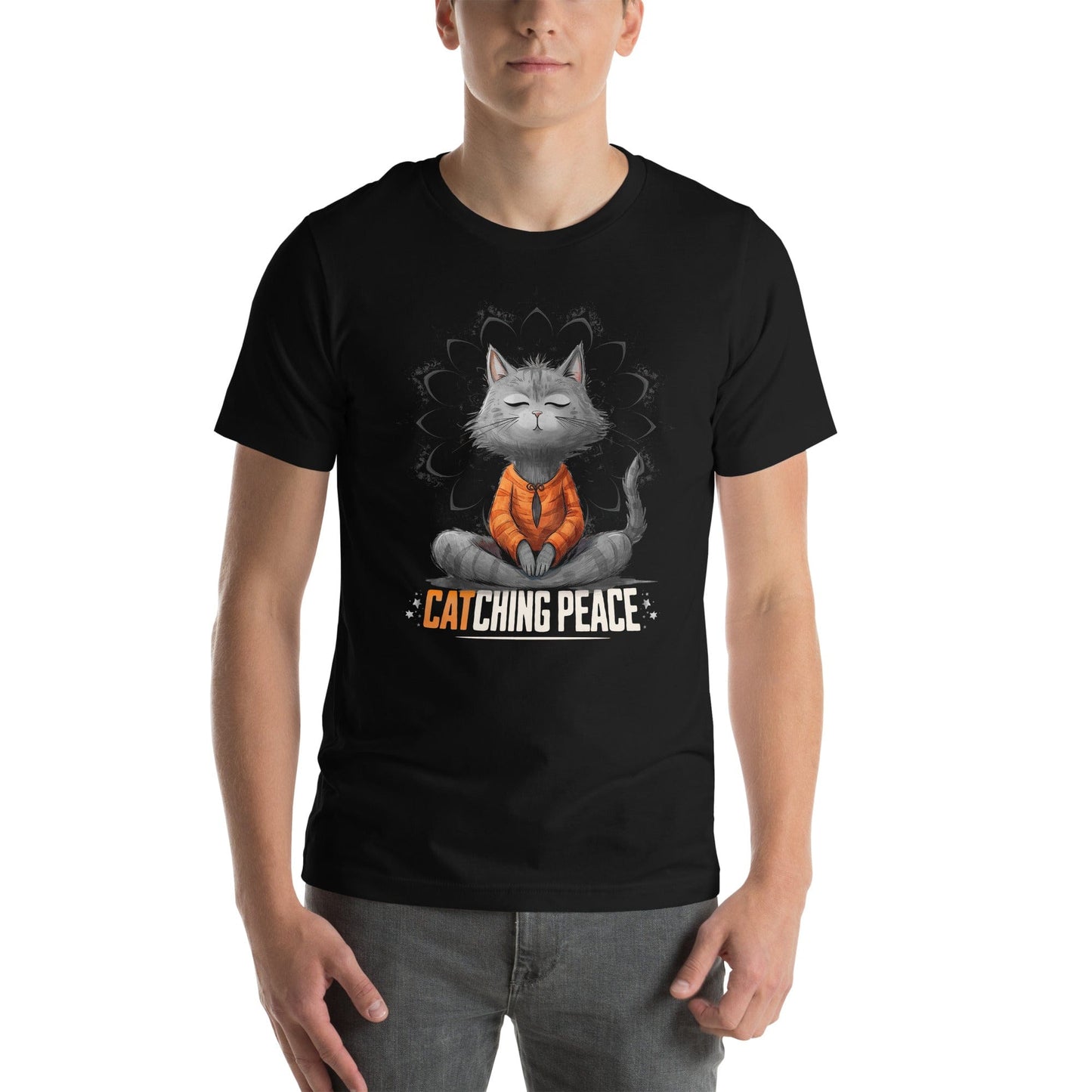Black t-shirt featuring a meditating cat in a peaceful lotus pose, surrounded by a mandala-inspired design. Below the cat, the text reads 'Catching Peace' in bold typography. Ideal for yoga lovers, mindfulness seekers, and cat enthusiasts.