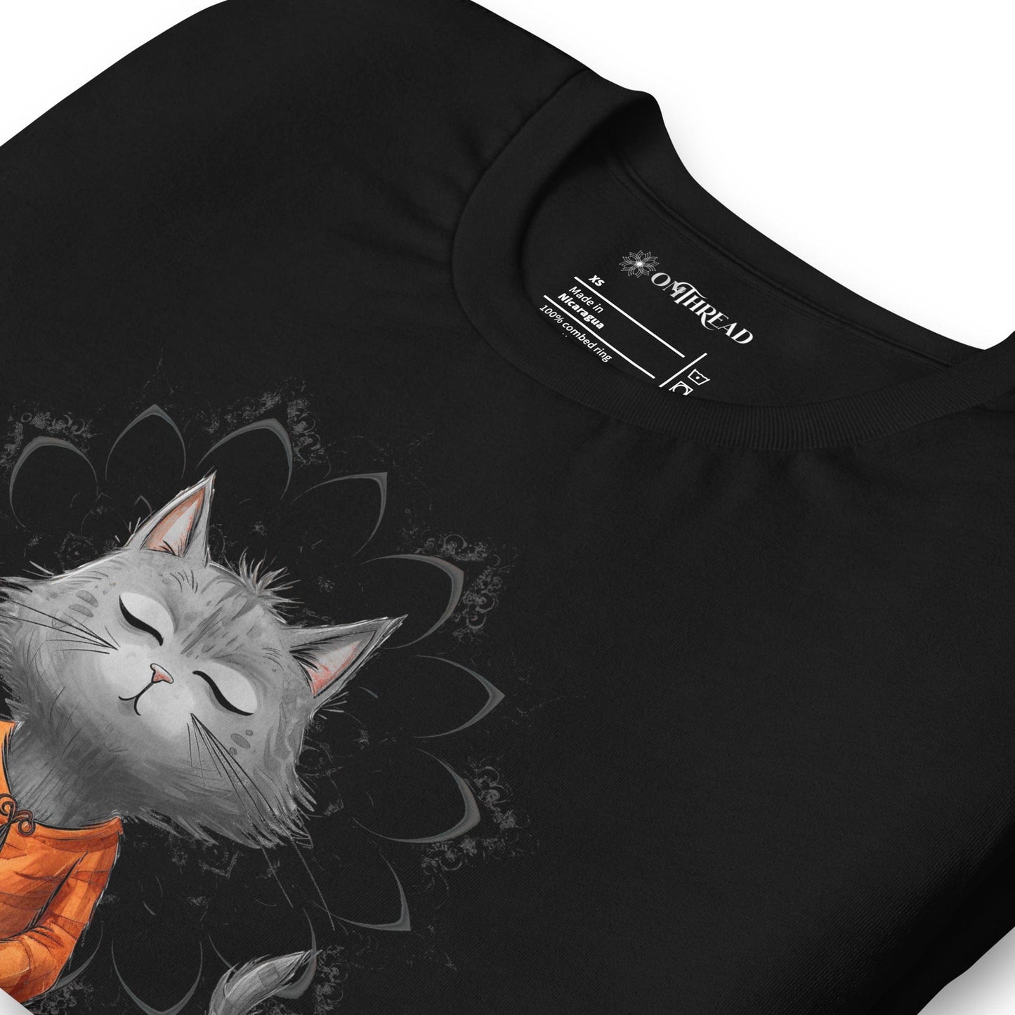 Black t-shirt featuring a meditating cat in a peaceful lotus pose, surrounded by a mandala-inspired design. Below the cat, the text reads 'Catching Peace' in bold typography. Ideal for yoga lovers, mindfulness seekers, and cat enthusiasts.