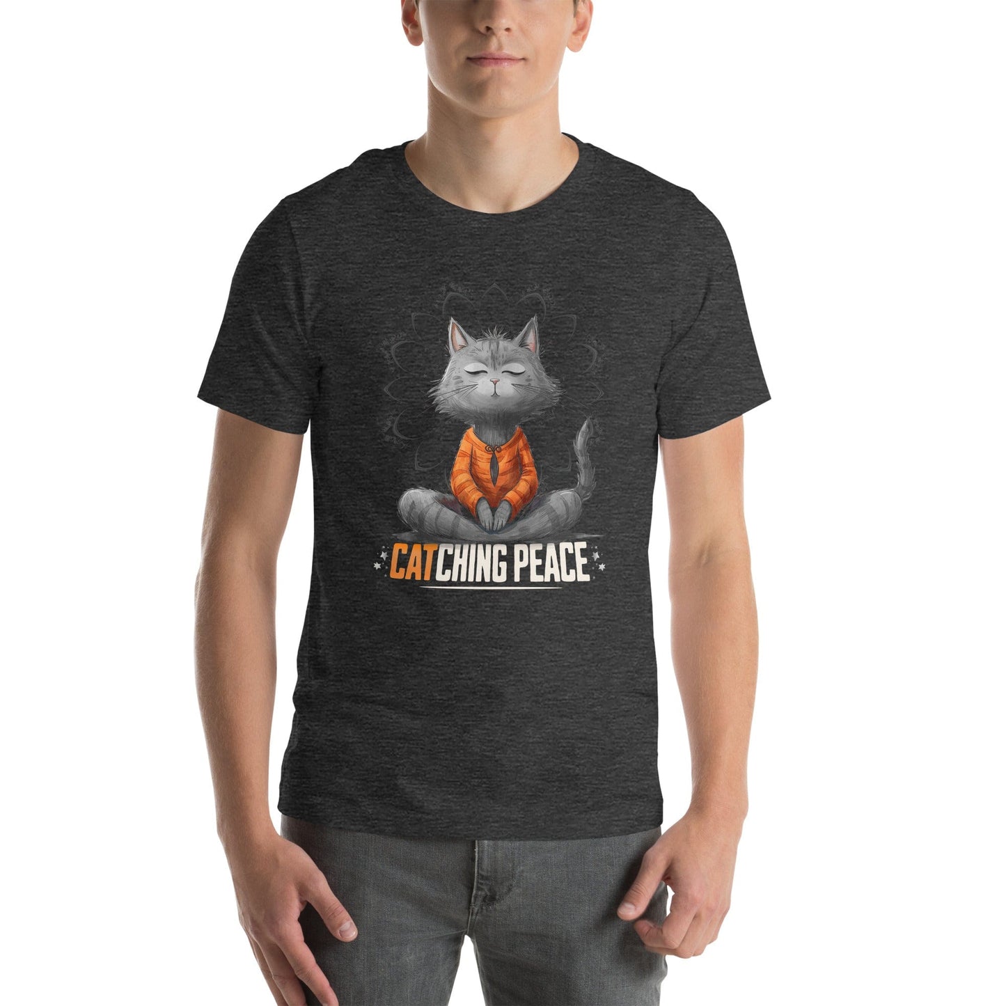 Dark gray t-shirt featuring a meditating cat in a peaceful lotus pose, surrounded by a mandala-inspired design. Below the cat, the text reads 'Catching Peace' in bold typography. Ideal for yoga lovers, mindfulness seekers, and cat enthusiasts.