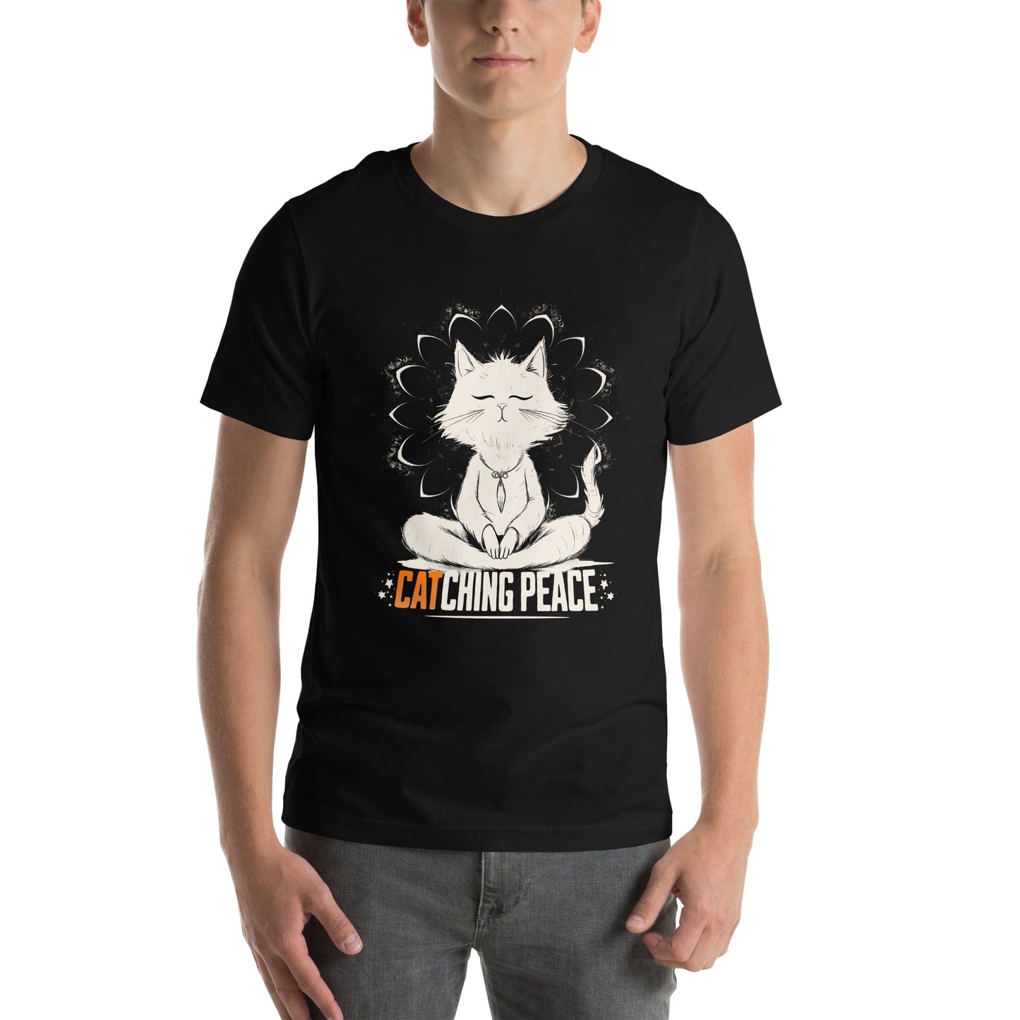 Black t-shirt featuring a meditating cat in a peaceful lotus pose, surrounded by a mandala-inspired design. Below the cat, the text reads 'Catching Peace' in bold typography. Ideal for yoga lovers, mindfulness seekers, and cat enthusiasts.